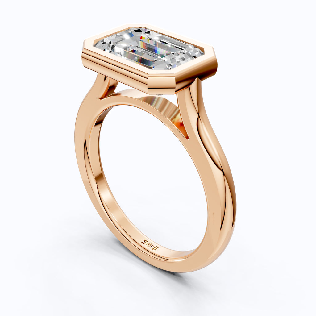 Horizontal Emerald Cut Bezel Promise Ring in Moissanite or Lab Grown Diamond – 14k Solid Gold or Silver Engagement Ring Gift for Her