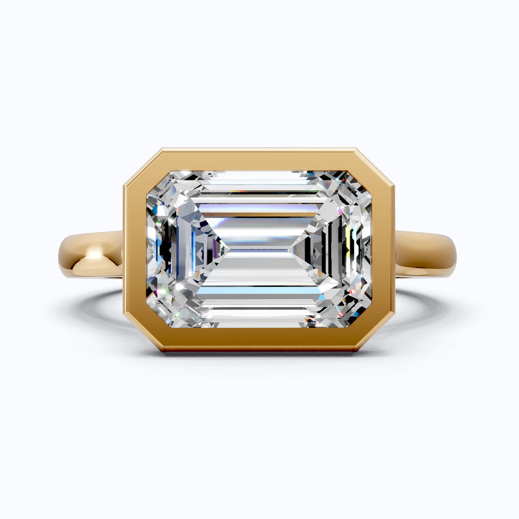 Horizontal Emerald Cut Bezel Promise Ring in Moissanite or Lab Grown Diamond – 14k Solid Gold or Silver Engagement Ring Gift for Her