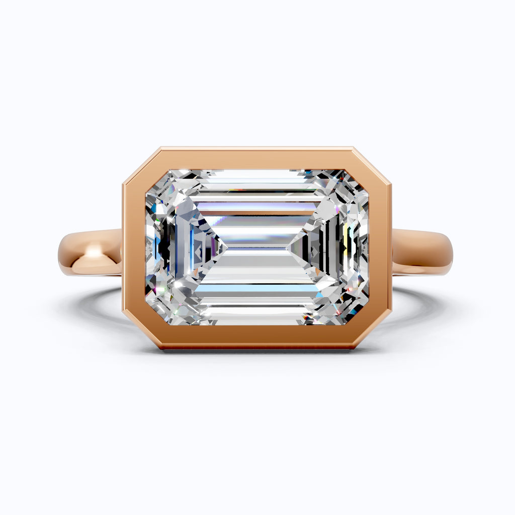 Horizontal Emerald Cut Bezel Promise Ring in Moissanite or Lab Grown Diamond – 14k Solid Gold or Silver Engagement Ring Gift for Her