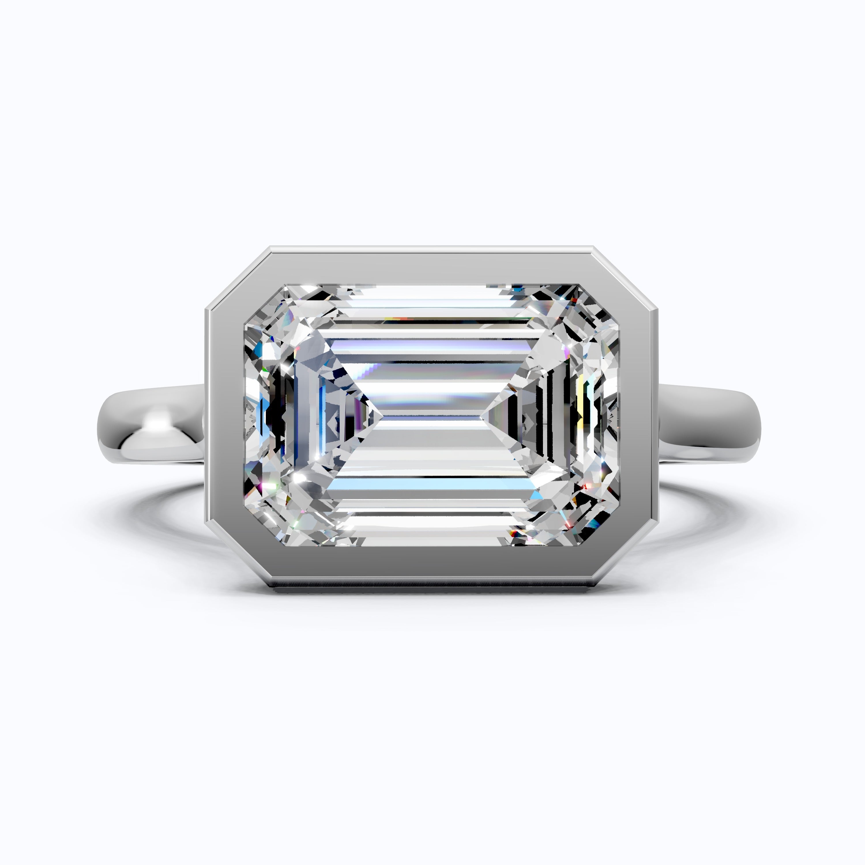 Horizontal Emerald Cut Bezel Promise Ring in Moissanite or Lab Grown Diamond – 14k Solid Gold or Silver Engagement Ring Gift for Her
