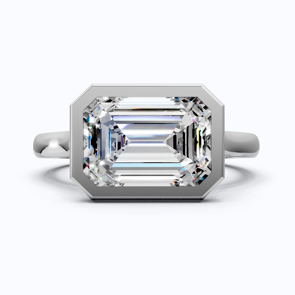 Horizontal Emerald Cut Bezel Promise Ring in Moissanite or Lab Grown Diamond – 14k Solid Gold or Silver Engagement Ring Gift for Her