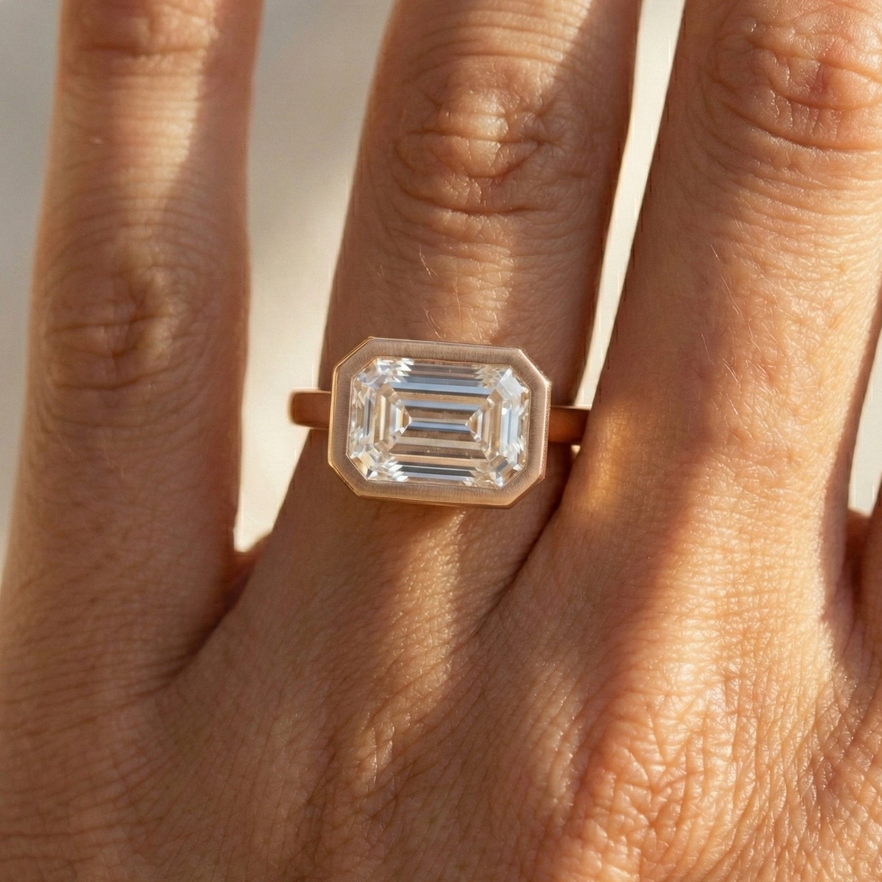 Horizontal Emerald Cut Bezel Promise Engagement Ring in 14k Solid Gold, 2.00 CT Emerald Cut Lab Created Diamond, Gift for Her