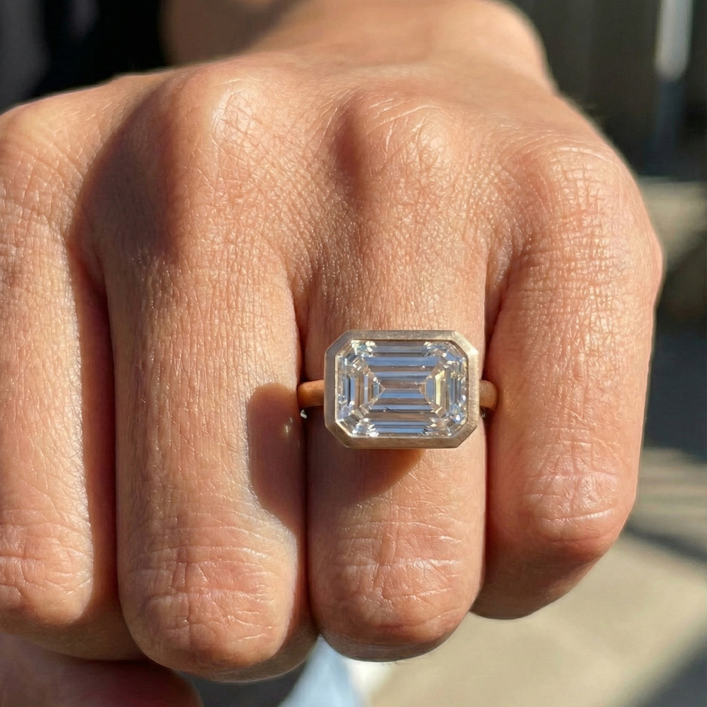 Horizontal Emerald Cut Bezel Promise Engagement Ring in 14k Solid Gold, 2.00 CT Emerald Cut Lab Created Diamond, Gift for Her