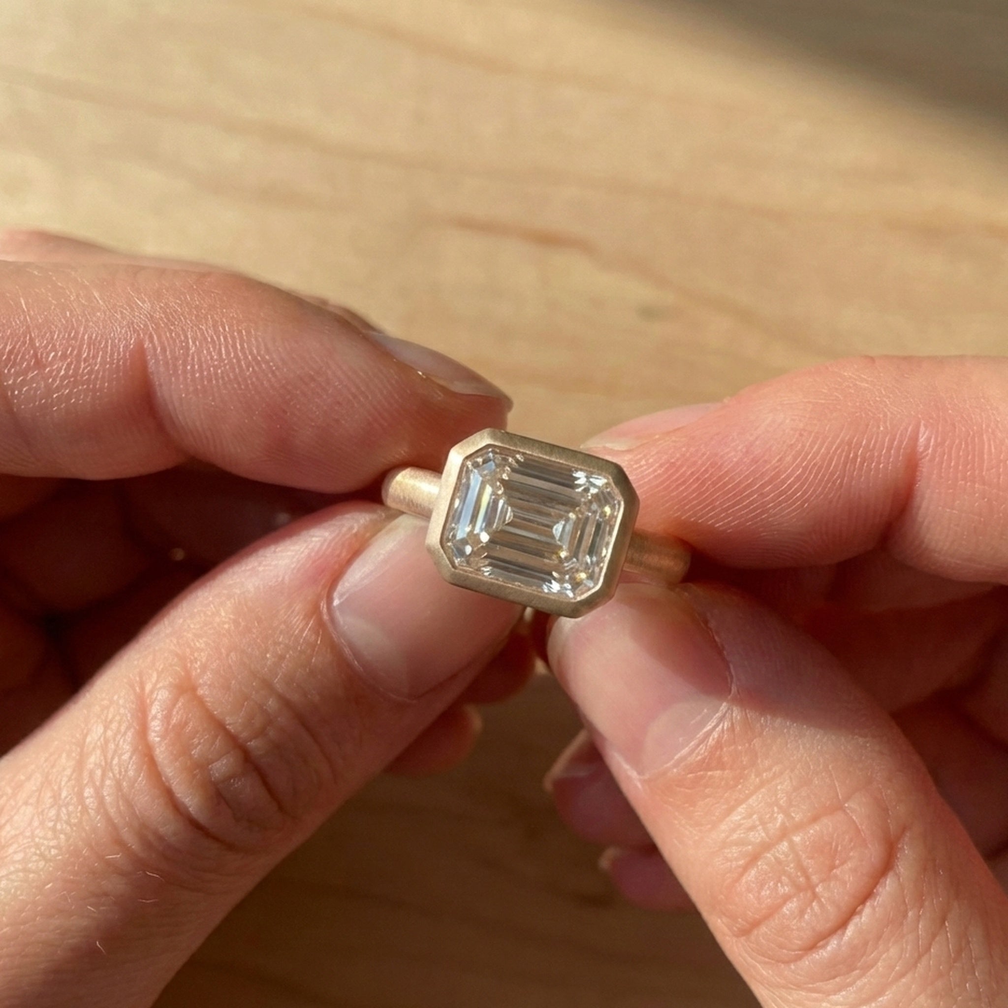 Horizontal Emerald Cut Bezel Promise Engagement Ring in 14k Solid Gold, 2.00 CT Emerald Cut Lab Created Diamond, Gift for Her