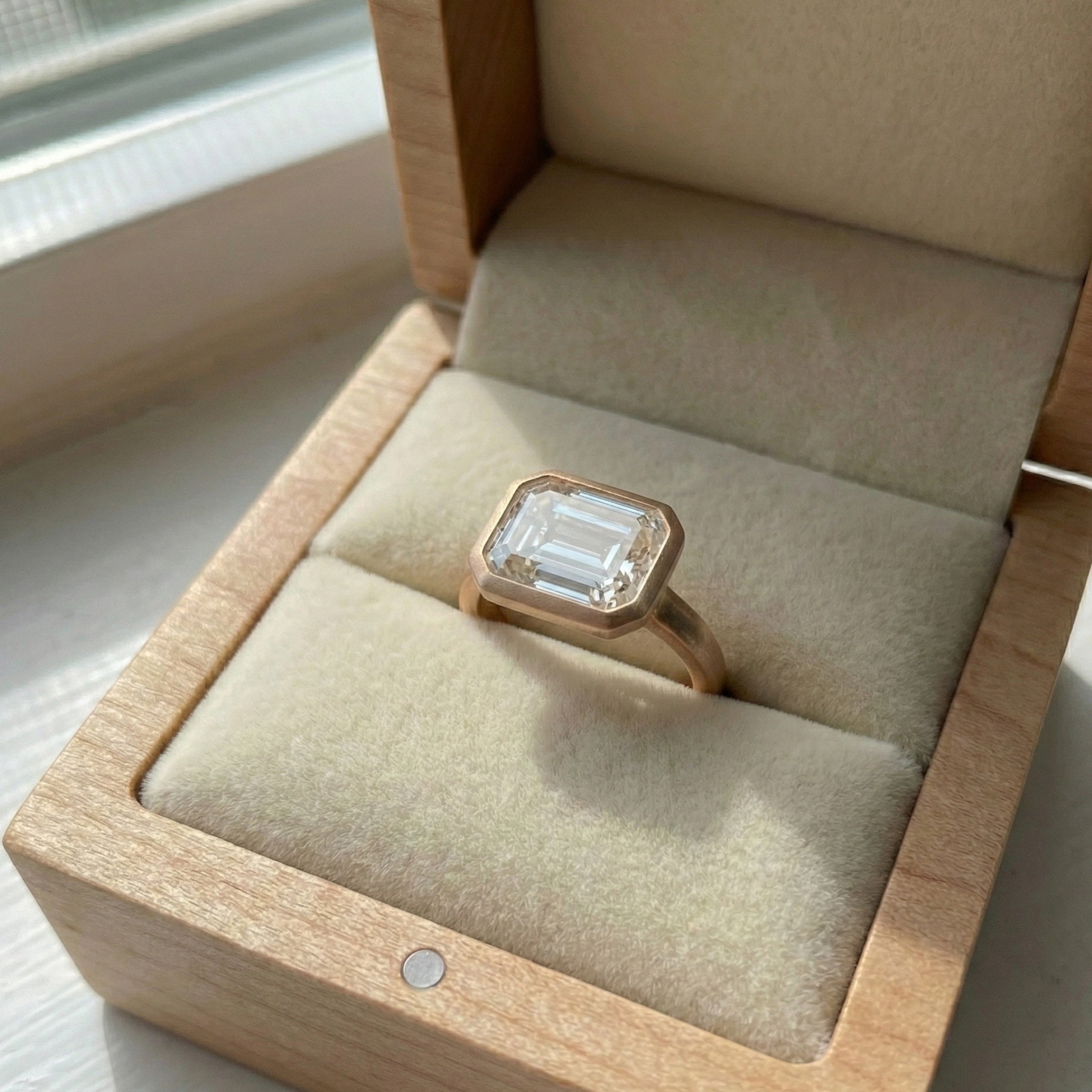 Horizontal Emerald Cut Bezel Promise Engagement Ring in 14k Solid Gold, 2.00 CT Emerald Cut Lab Created Diamond, Gift for Her