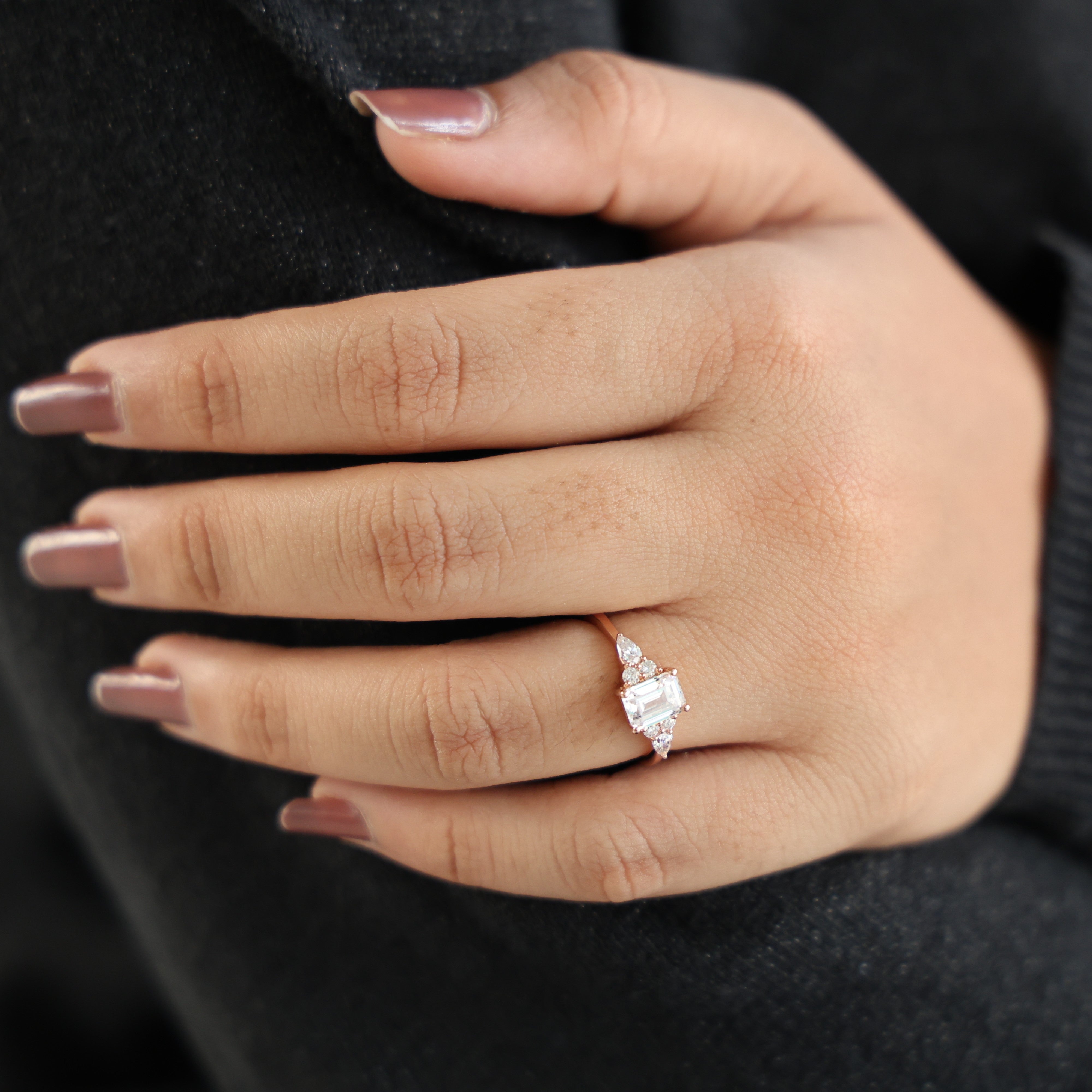 1.00 CT Emerald Cut Cluster Trio Engagement Ring in Lab Diamond – 14k Solid Gold, Anniversary Gift for Wife, Everyday Wedding Ring