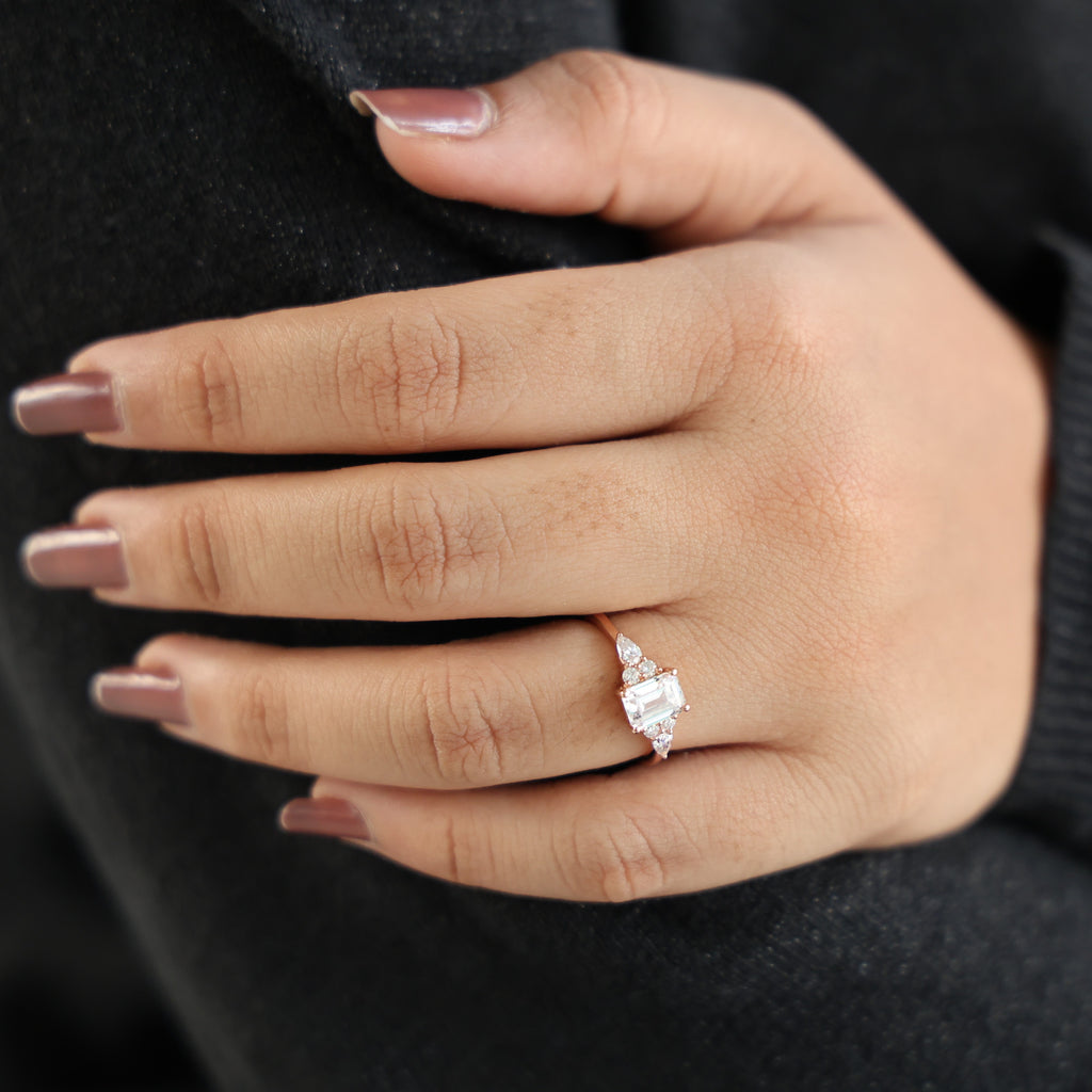 1.00 CT Emerald Cut Cluster Trio Engagement Ring in Lab Diamond – 14k Solid Gold, Anniversary Gift for Wife, Everyday Wedding Ring