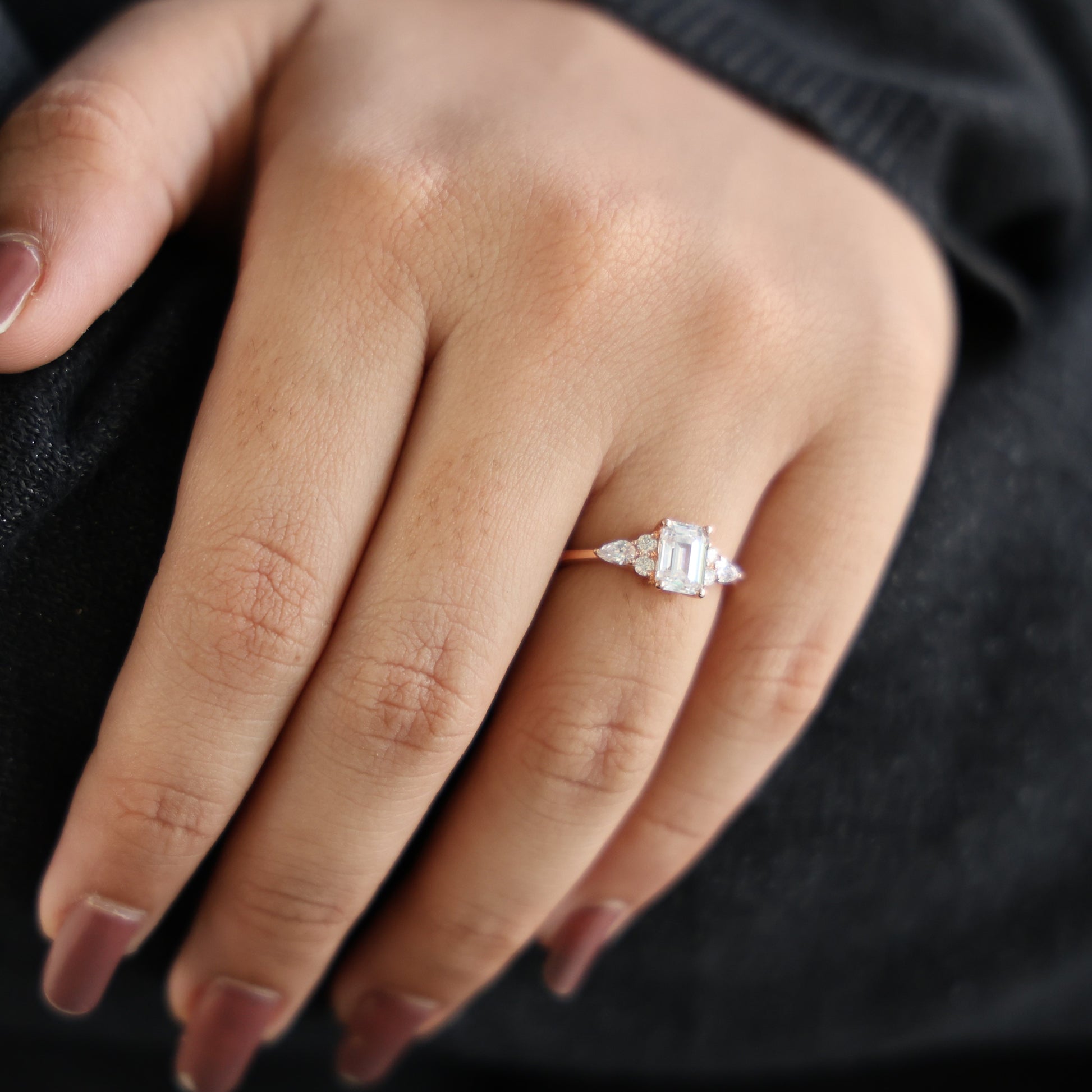 1.00 CT Emerald Cut Cluster Trio Engagement Ring in Lab Diamond – 14k Solid Gold, Anniversary Gift for Wife, Everyday Wedding Ring