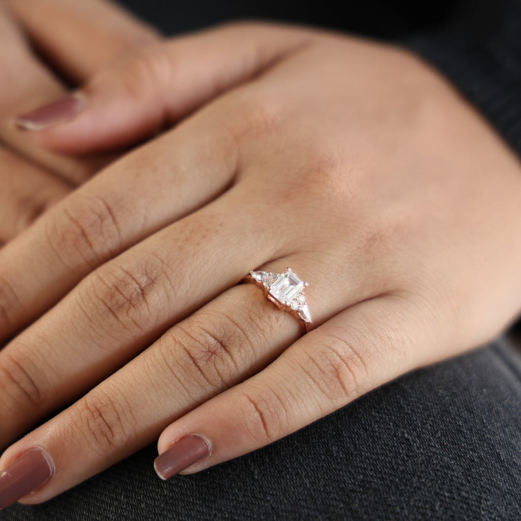 1.00 CT Emerald Cut Cluster Trio Engagement Ring in Lab Diamond – 14k Solid Gold, Anniversary Gift for Wife, Everyday Wedding Ring