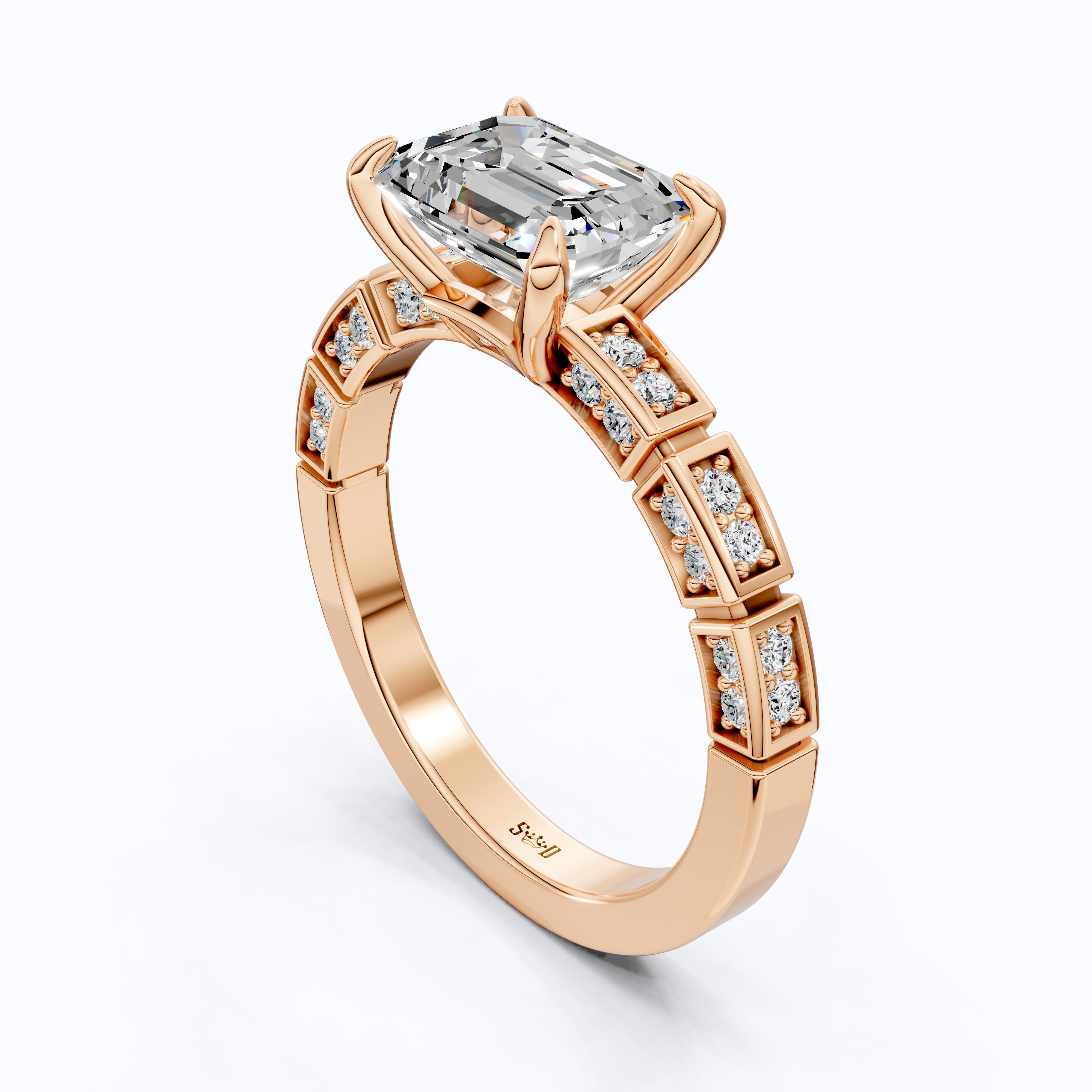 Emerald Cut Segmented Pavé Engagement Ring in 14K Solid Gold, 1.75 CT Emerald Cut Lab Created Diamond, Bridal Jewelry, Birthday Gift For Her