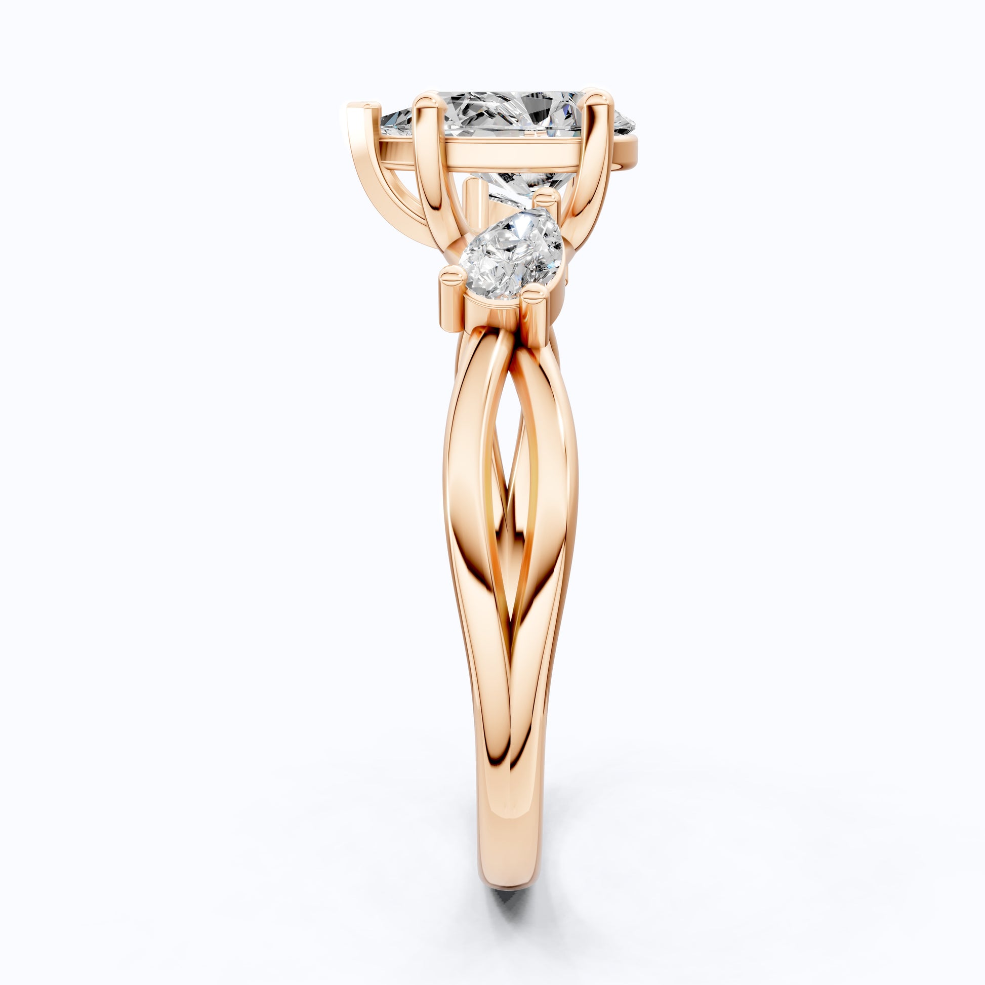 Unique Twisted Three Stone Engagement Ring in 14K Solid Gold, 1.30 TCW Pear Cut Lab Created Diamonds, Birthday Gift For Wife, Handmade Fine Jewelry