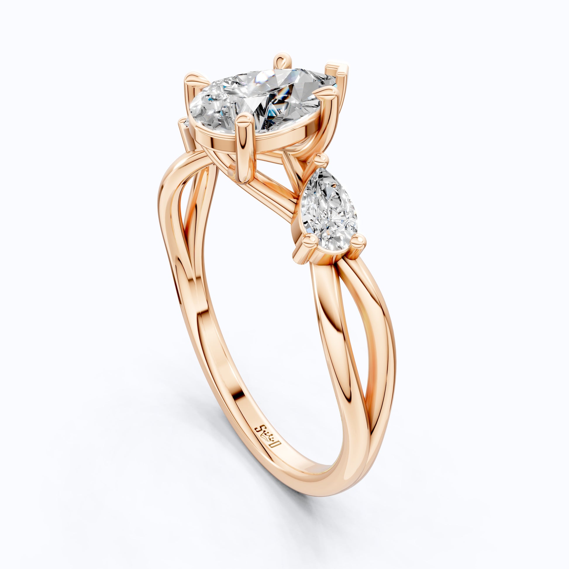 Unique Twisted Three Stone Engagement Ring in 14K Solid Gold, 1.30 TCW Pear Cut Lab Created Diamonds, Birthday Gift For Wife, Handmade Fine Jewelry