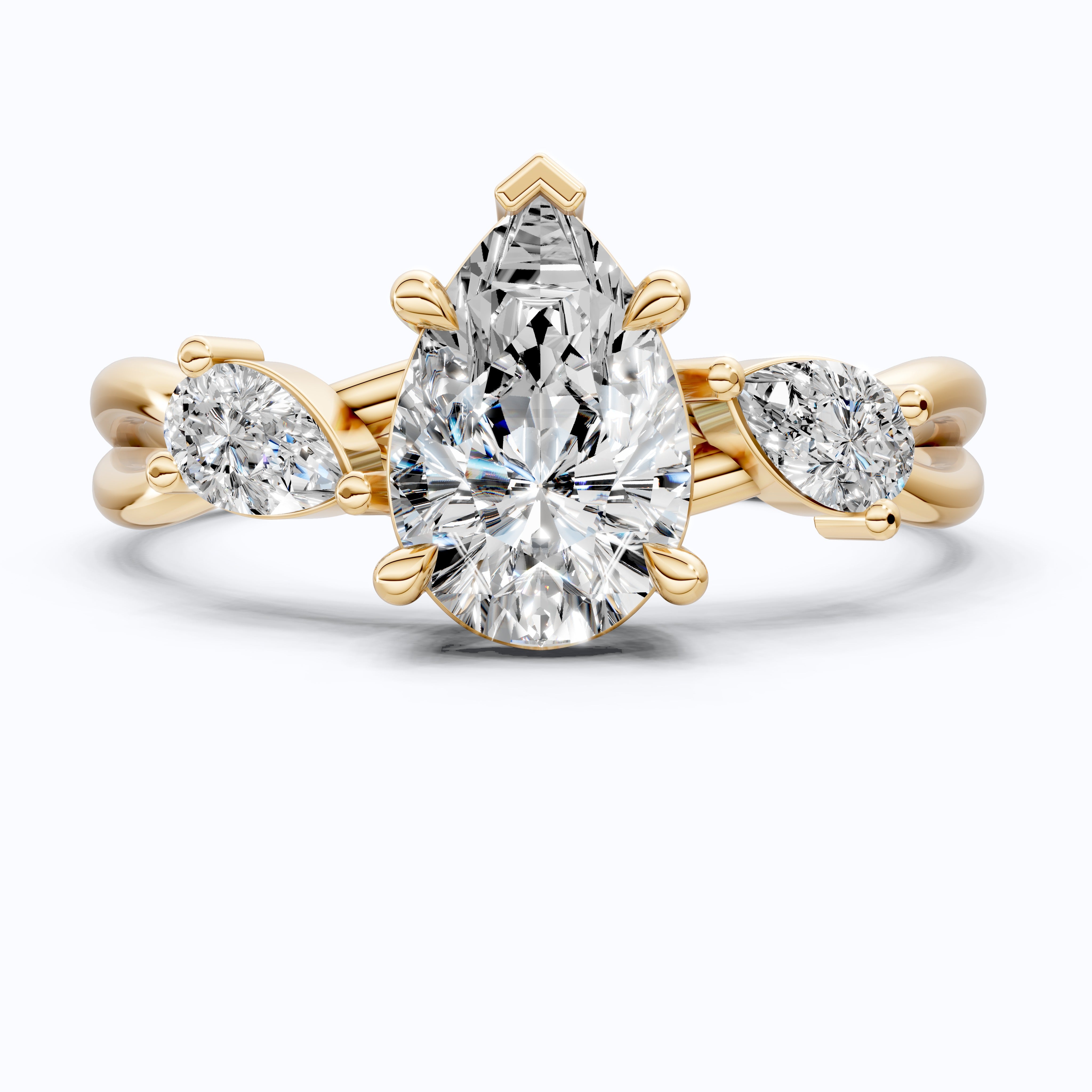 Unique Twisted Three Stone Engagement Ring in 14K Solid Gold, 1.30 TCW Pear Cut Lab Created Diamonds, Birthday Gift For Wife, Handmade Fine Jewelry