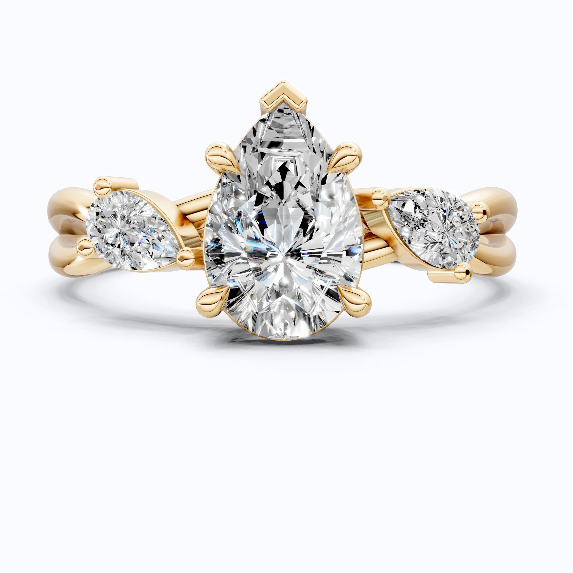 Unique Twisted Three Stone Engagement Ring in 14K Solid Gold, 1.30 TCW Pear Cut Lab Created Diamonds, Birthday Gift For Wife, Handmade Fine Jewelry