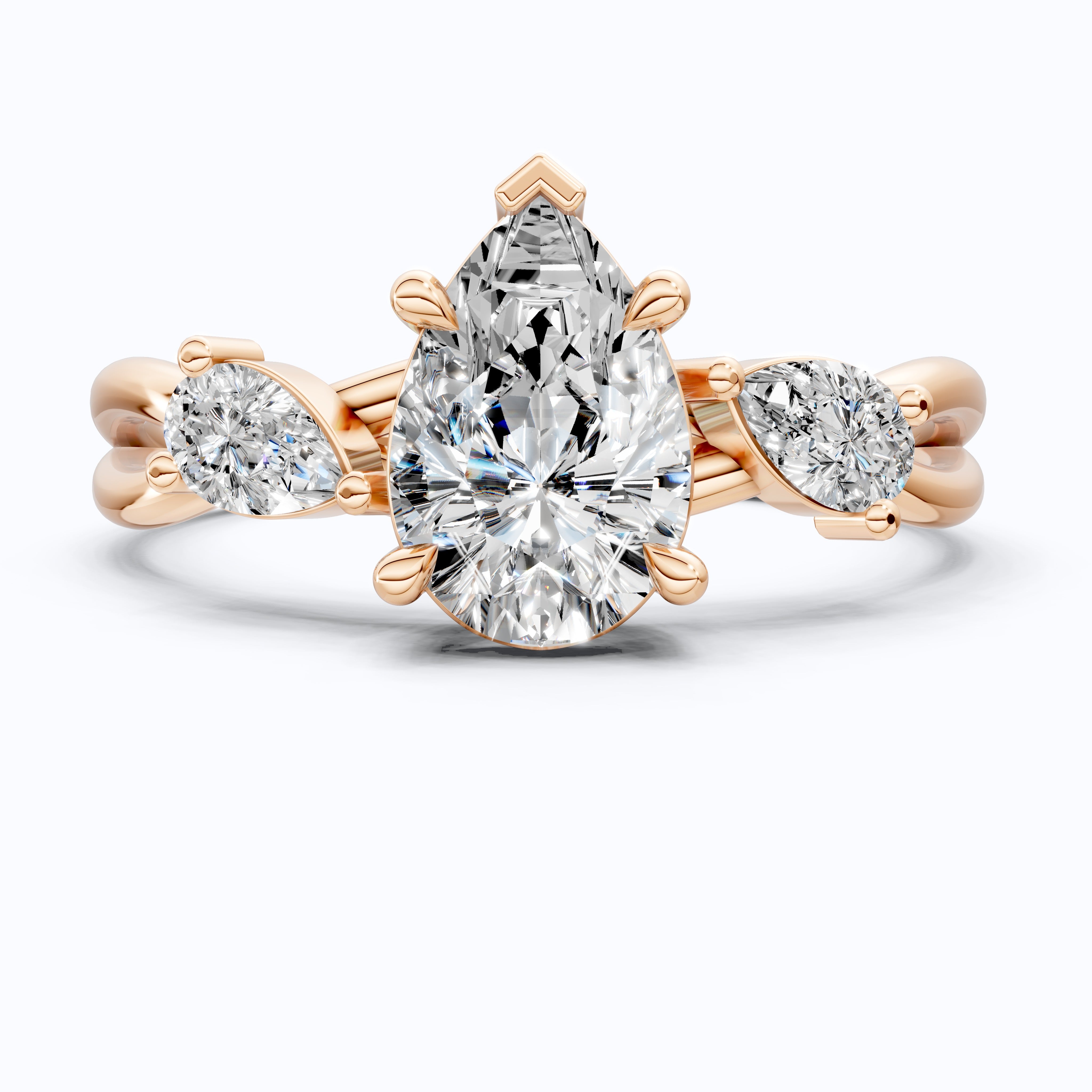 Unique Twisted Three Stone Engagement Ring in 14K Solid Gold, 1.30 TCW Pear Cut Lab Created Diamonds, Birthday Gift For Wife, Handmade Fine Jewelry
