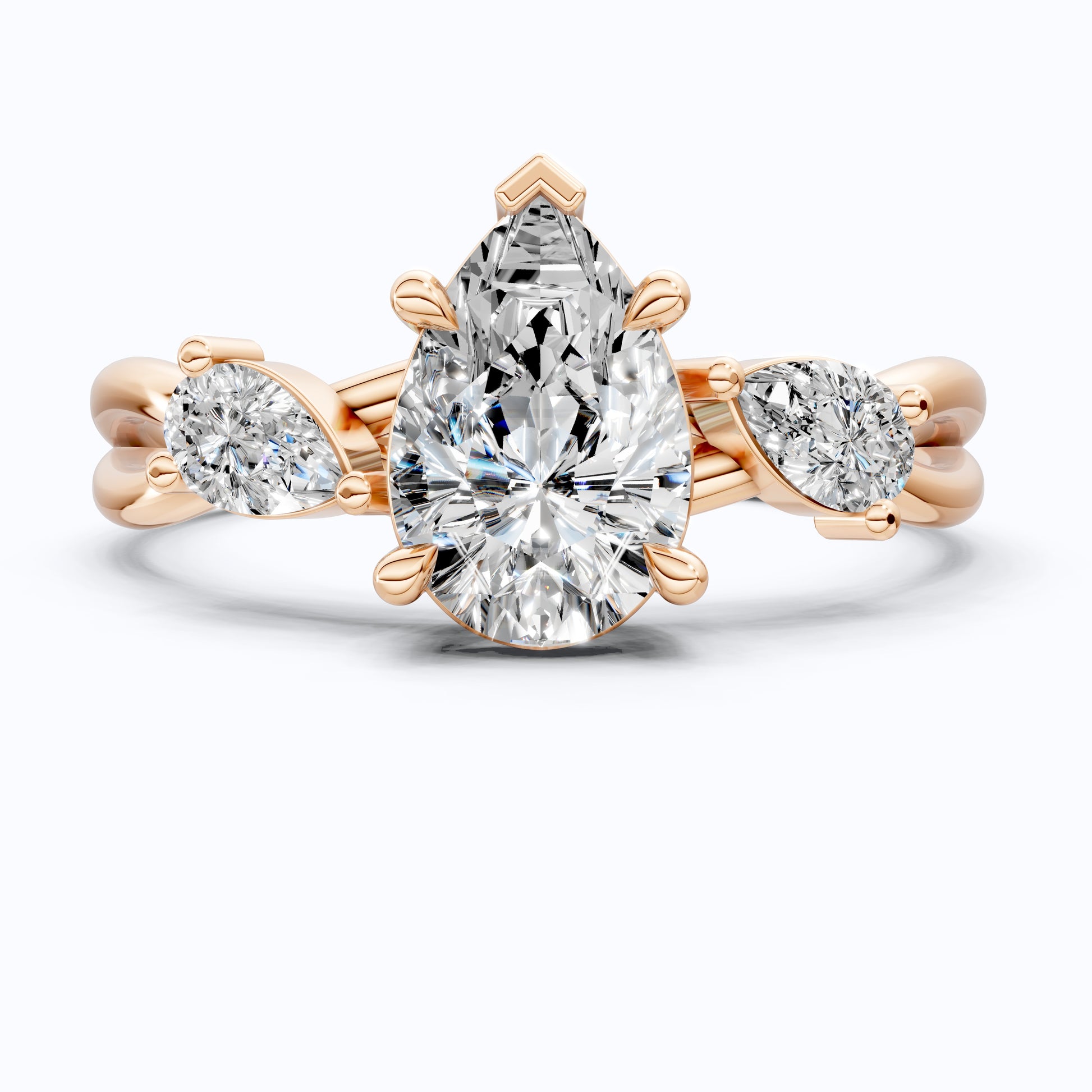 Unique Twisted Three Stone Engagement Ring in 14K Solid Gold, 1.30 TCW Pear Cut Lab Created Diamonds, Birthday Gift For Wife, Handmade Fine Jewelry