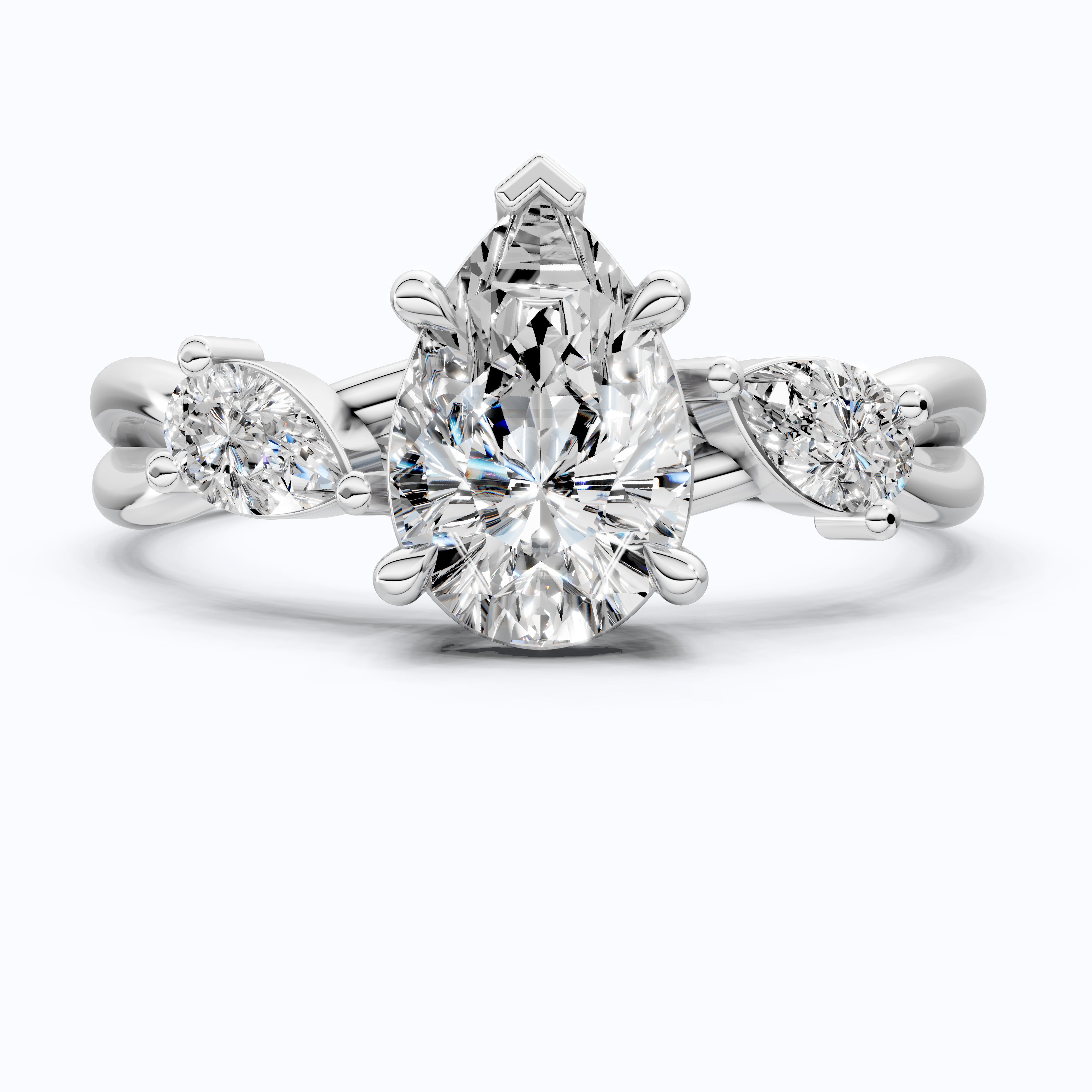 Unique Twisted Three Stone Engagement Ring in 14K Solid Gold, 1.30 TCW Pear Cut Lab Created Diamonds, Birthday Gift For Wife, Handmade Fine Jewelry