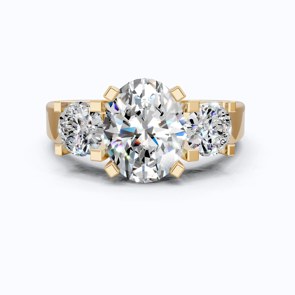 Oval/Round Cut Three Stone Lab Grown Diamond Engagement Ring in 14K Yellow Gold, Propose Ring, Handmade Jewelry