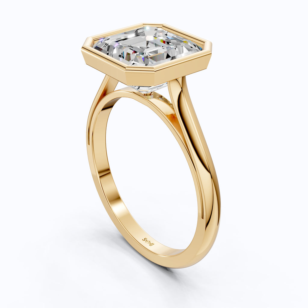 Asscher Cut Bezel Set Solitaire Engagement Ring in Moissanite or Lab Grown Diamond – Solid 14k Gold or Silver, Gift for Wife