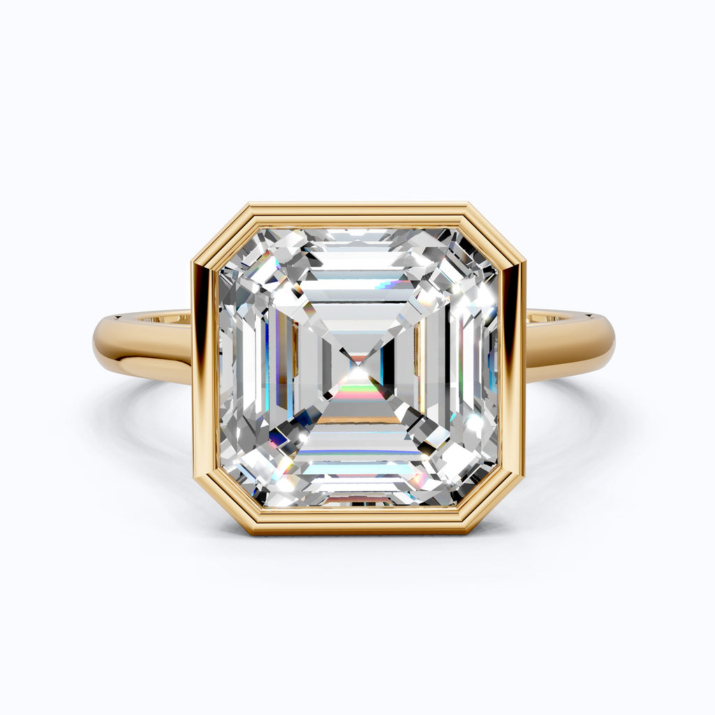 Asscher Cut Bezel Set Solitaire Engagement Ring in Moissanite or Lab Grown Diamond – Solid 14k Gold or Silver, Gift for Wife