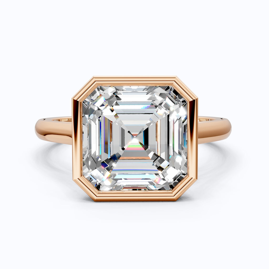 Asscher Cut Bezel Set Solitaire Engagement Ring in Moissanite or Lab Grown Diamond – Solid 14k Gold or Silver, Gift for Wife
