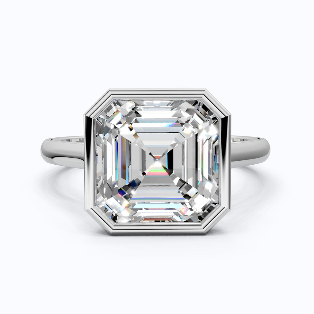 Asscher Cut Bezel Set Solitaire Engagement Ring in Moissanite or Lab Grown Diamond – Solid 14k Gold or Silver, Gift for Wife