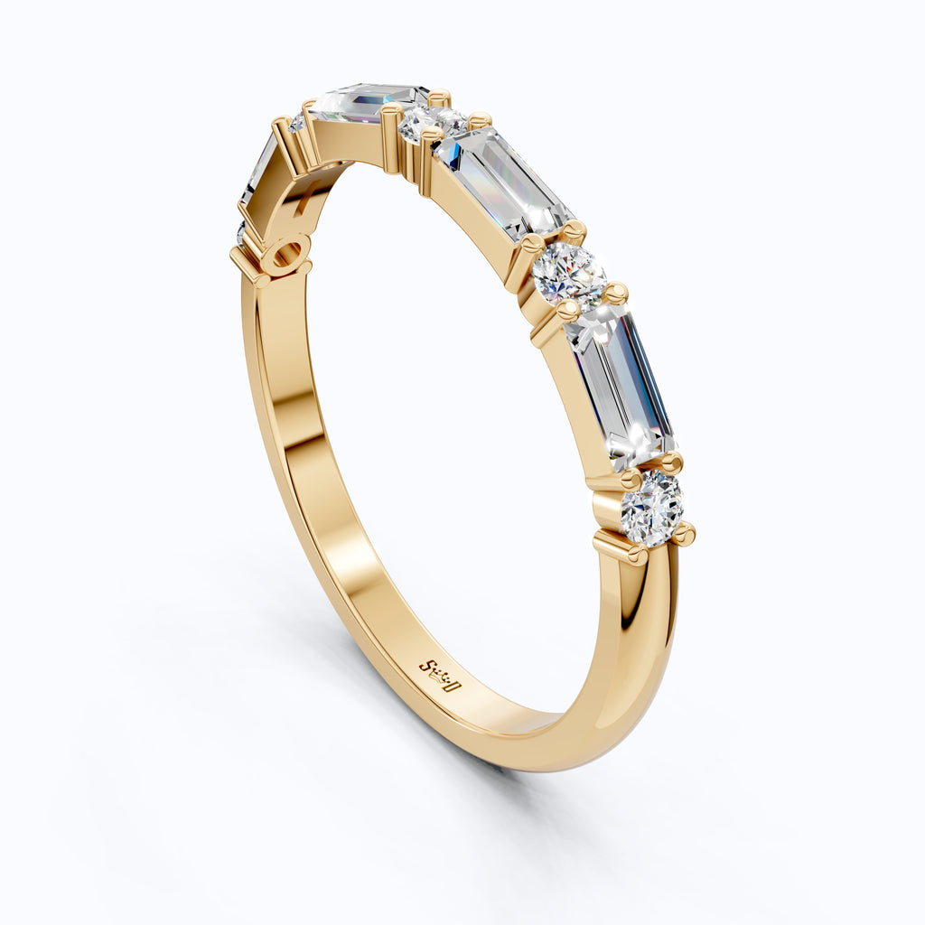 Dainty Baguette & Round Accent Band in 14K Solid Gold, 0.71 TCW Round/Baguette Cut Lab Grown Diamond, Wedding Jewelry, Promise Ring