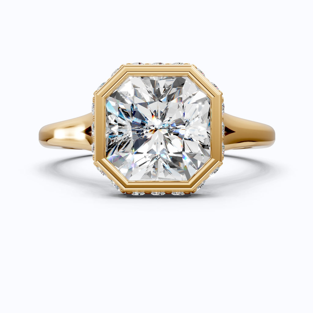 14K Yellow Gold Radiant Cut Lab Grown Diamond Ring, Hidden Halo Bezel Set Engagement Ring, Handmade Gift for Her