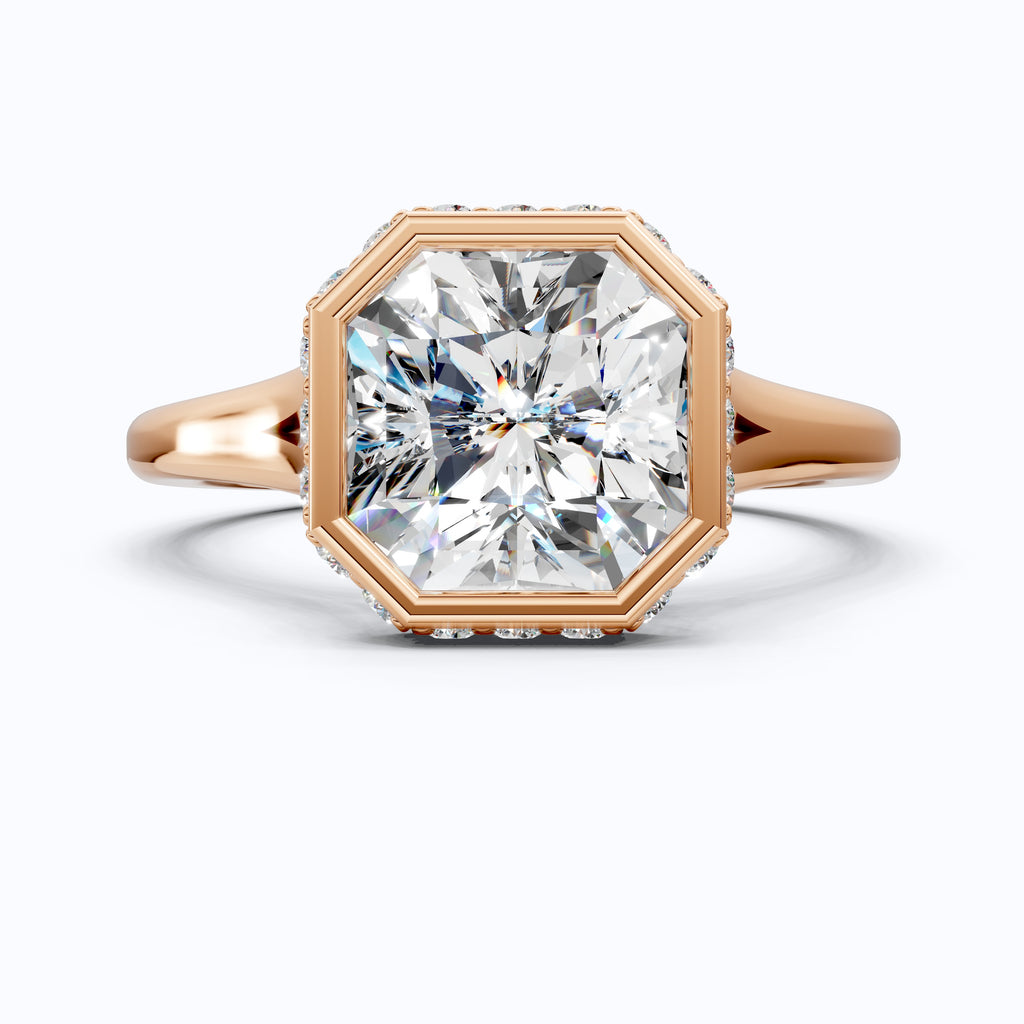 14K Yellow Gold Radiant Cut Lab Grown Diamond Ring, Hidden Halo Bezel Set Engagement Ring, Handmade Gift for Her