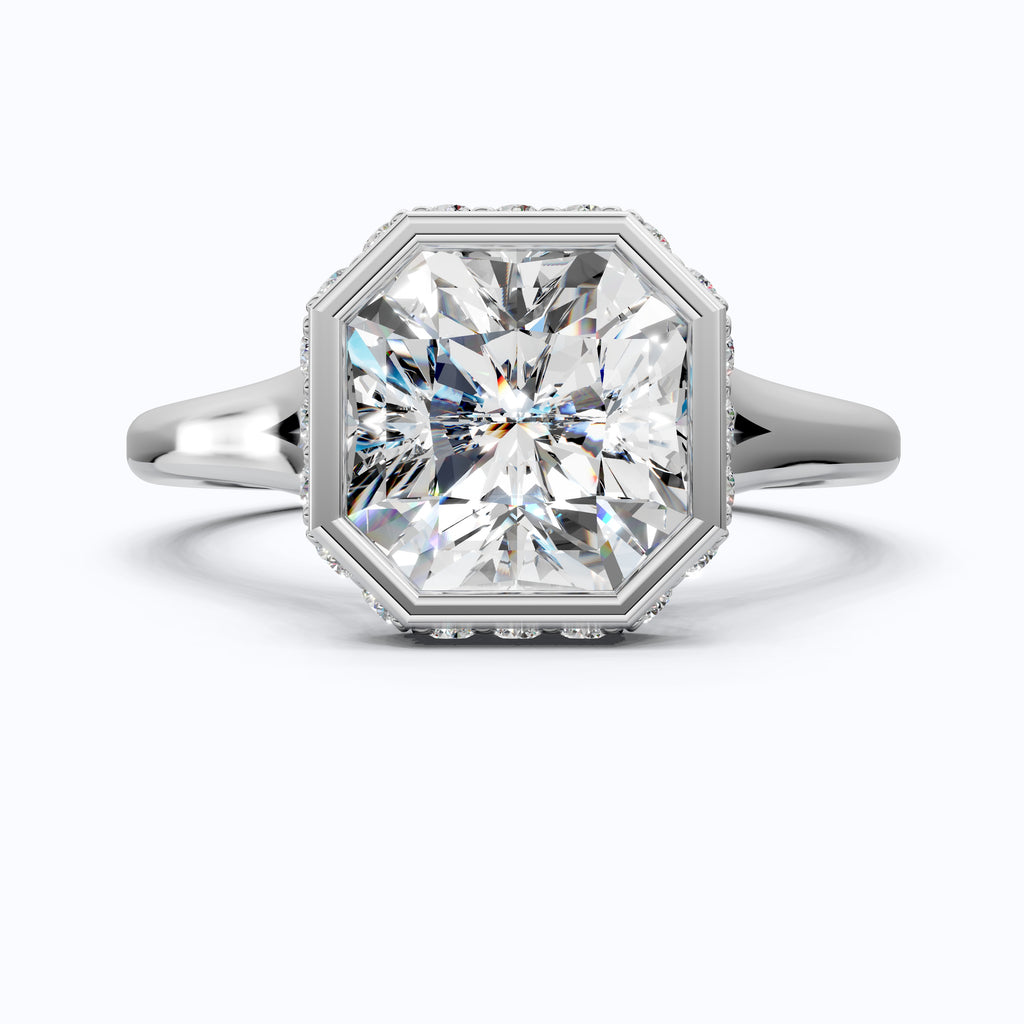 14K Yellow Gold Radiant Cut Lab Grown Diamond Ring, Hidden Halo Bezel Set Engagement Ring, Handmade Gift for Her