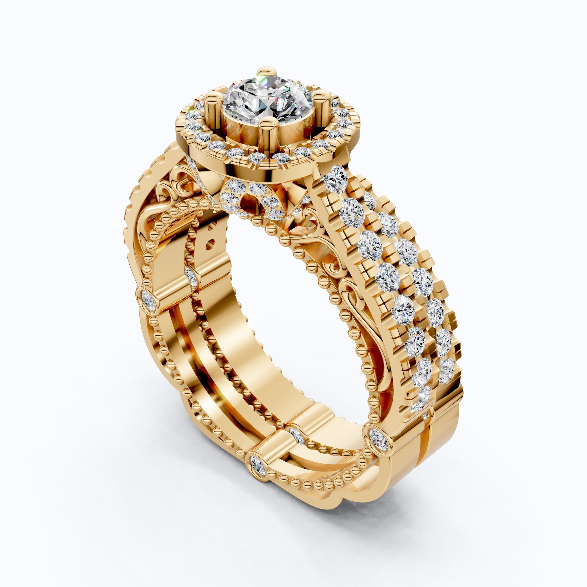 Unique Milgrain Style Halo Pave Wedding Bridal Ring Set With Half Eternity Band