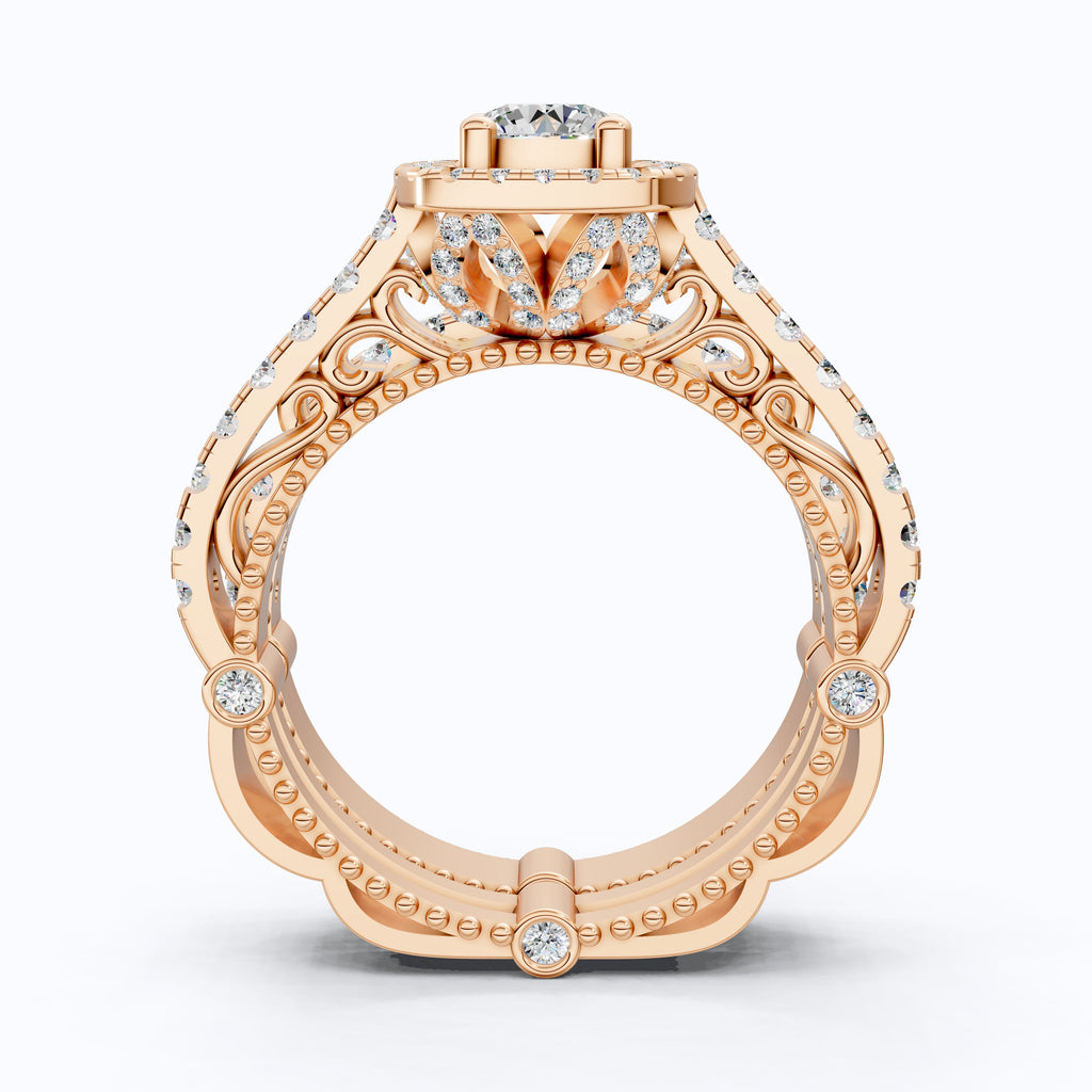 Unique Milgrain Style Halo Pave Wedding Bridal Ring Set With Half Eternity Band