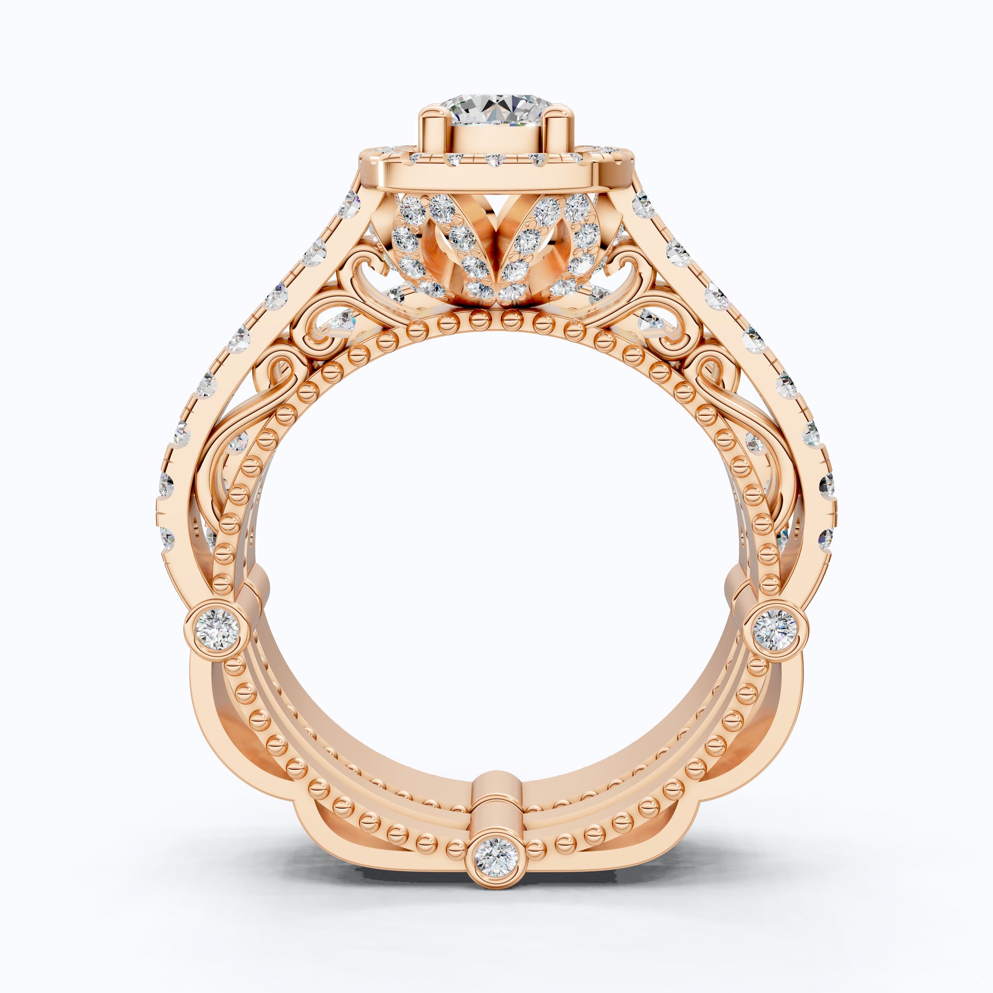 Unique Milgrain Style Halo Pave Wedding Bridal Ring Set With Half Eternity Band