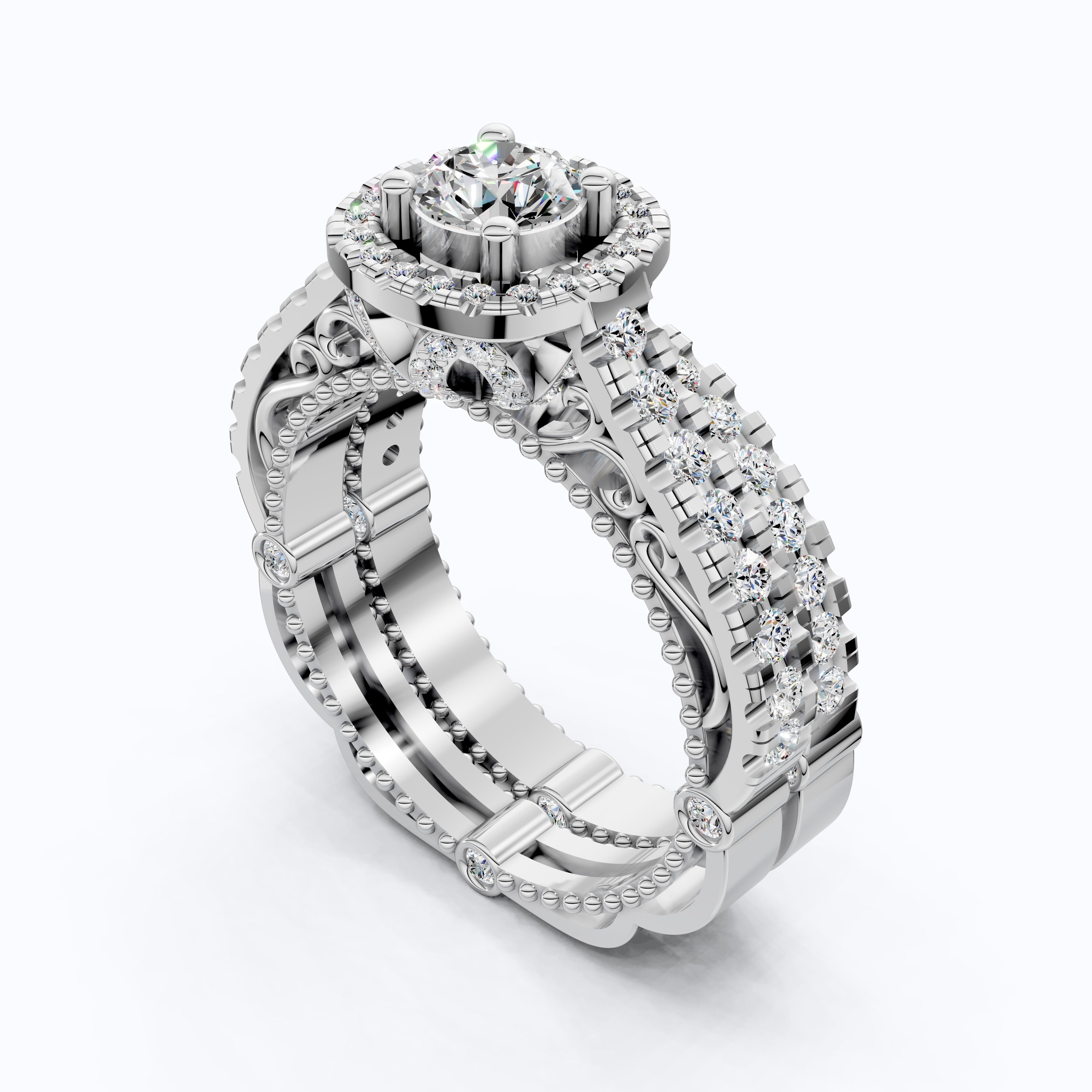 Unique Milgrain Style Halo Pave Wedding Bridal Ring Set With Half Eternity Band