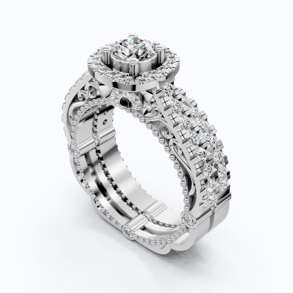 Unique Milgrain Style Halo Pave Wedding Bridal Ring Set With Half Eternity Band