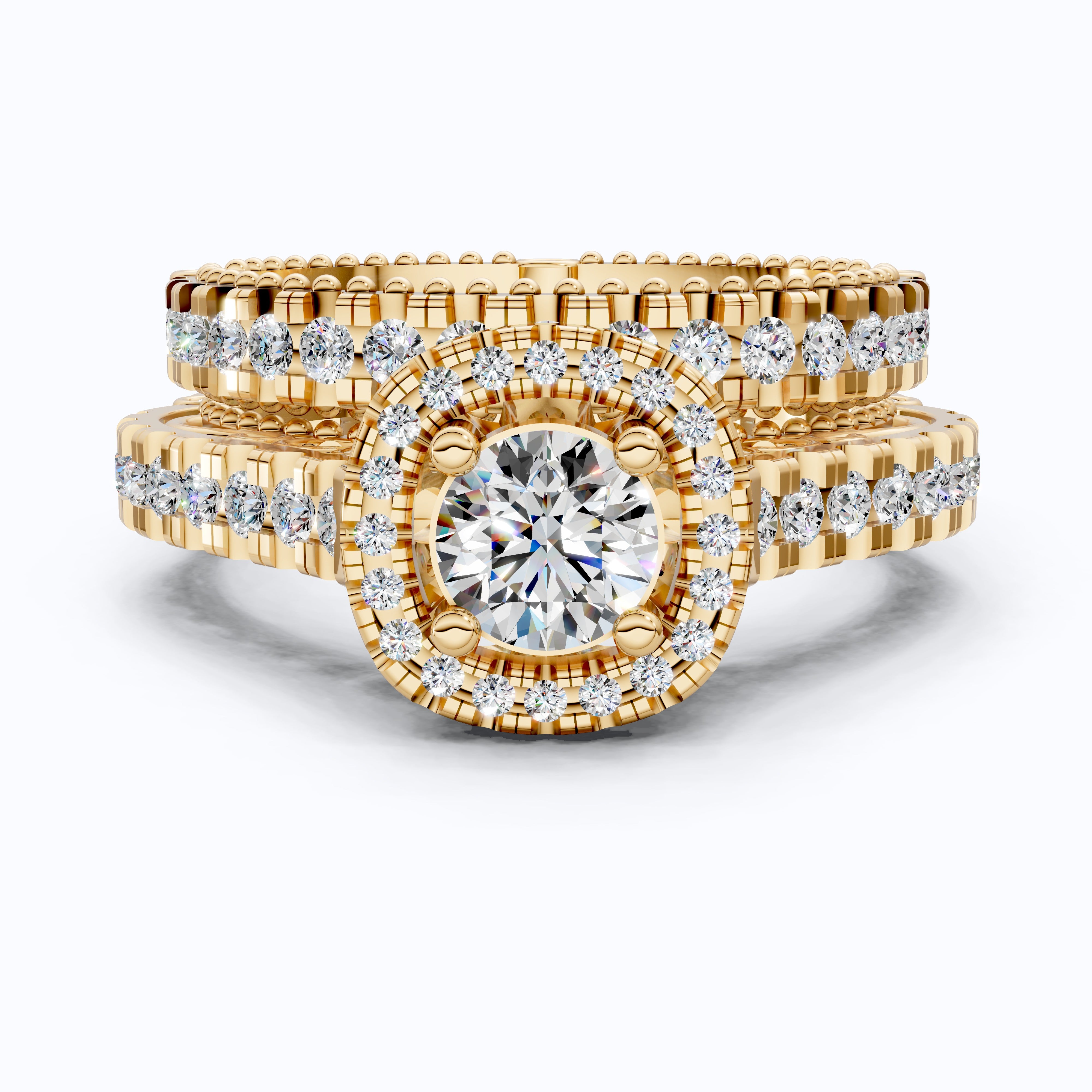 Unique Milgrain Style Halo Pave Wedding Bridal Ring Set With Half Eternity Band