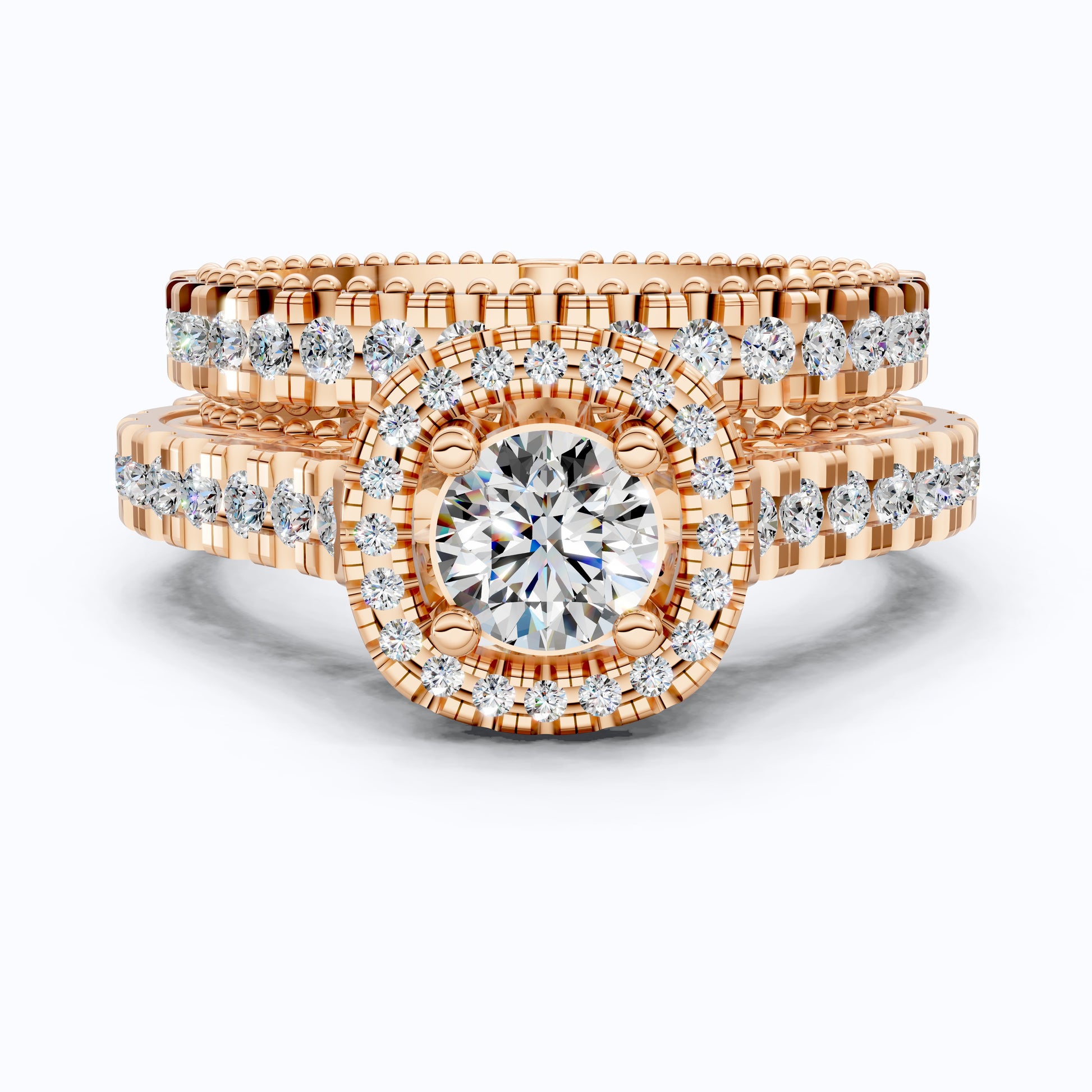 Unique Milgrain Style Halo Pave Wedding Bridal Ring Set With Half Eternity Band