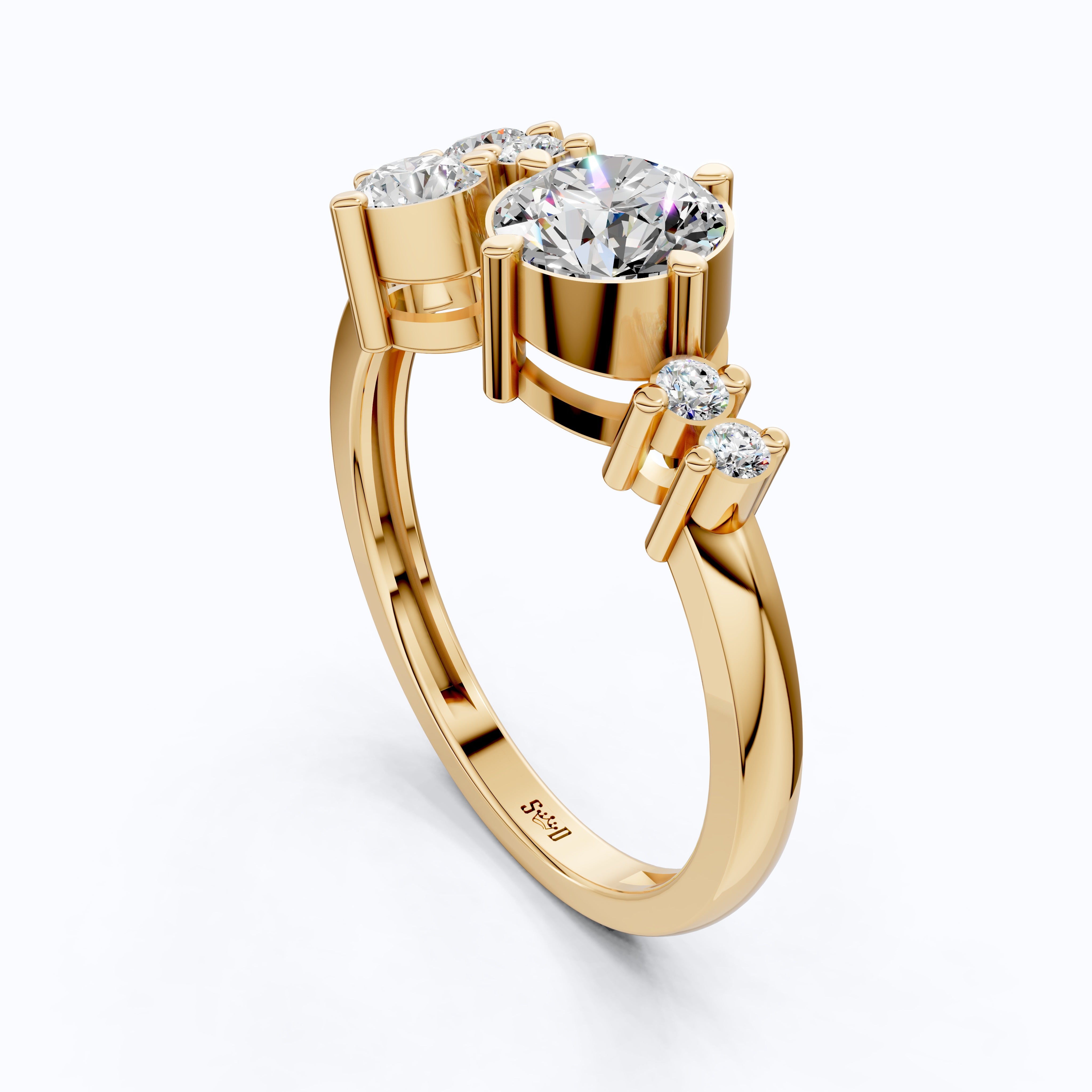 Asymmetrical Cluster Three Stone Engagement Ring in 14K Solid Gold, 0.70 CT Round Cut Lab Grown Diamond, Bridal Jewelry, Gift  For Her