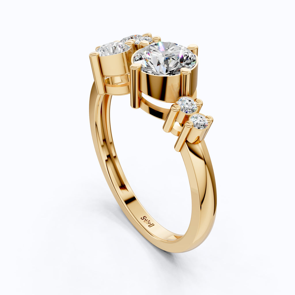 Asymmetrical Cluster Three Stone Engagement Ring in 14K Solid Gold, 0.70 CT Round Cut Lab Grown Diamond, Bridal Jewelry, Gift  For Her