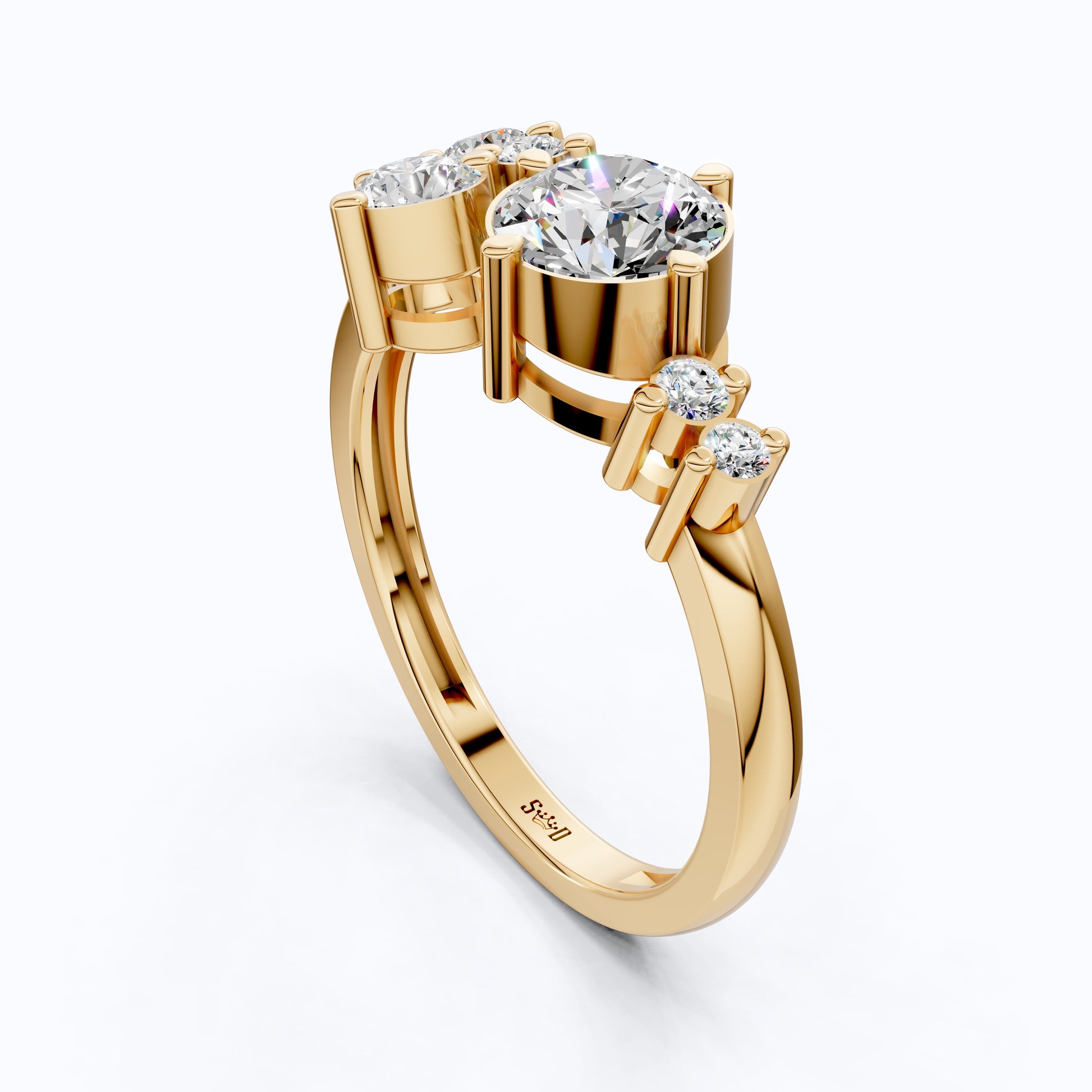 Asymmetrical Cluster Three Stone Engagement Ring in 14K Solid Gold, 0.70 CT Round Cut Lab Grown Diamond, Bridal Jewelry, Gift  For Her