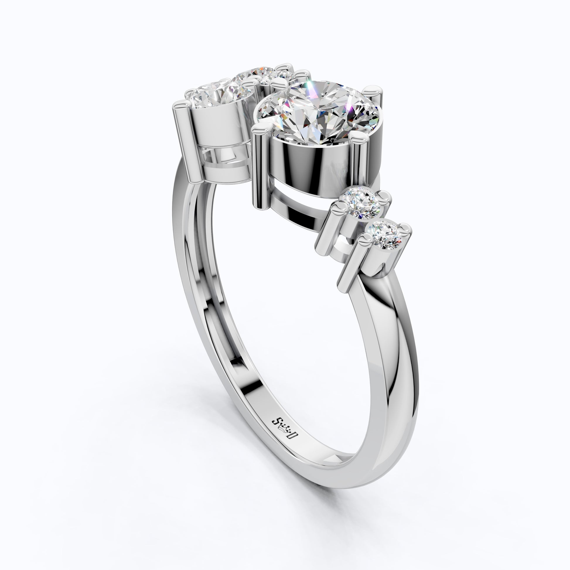 Asymmetrical Cluster Three Stone Engagement Ring in 14K Solid Gold, 0.70 CT Round Cut Lab Grown Diamond, Bridal Jewelry, Gift  For Her