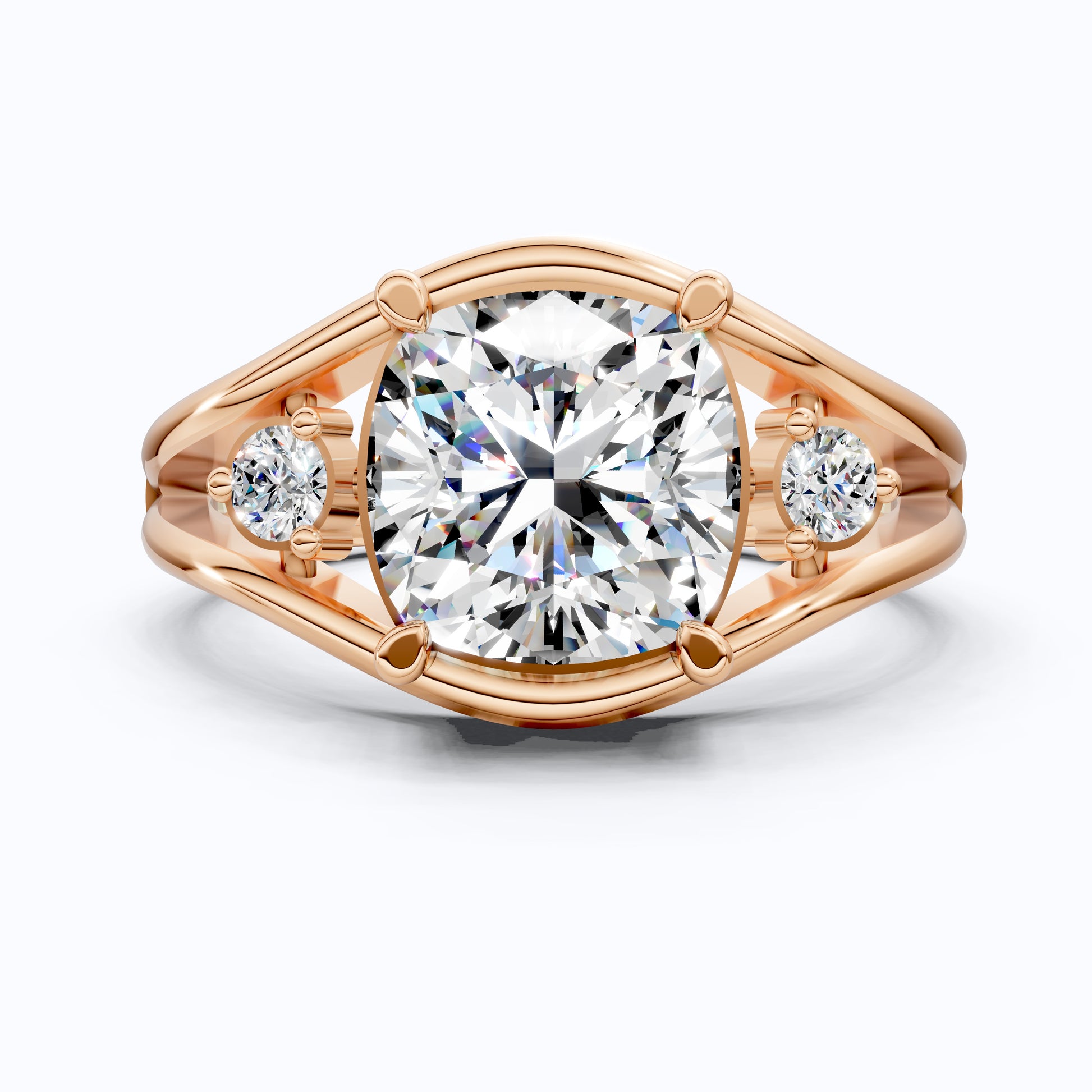 14K Rose Gold Cushion Cut Three Stone Engagement Ring, Handmade Gift for Her, Handmade Wedding Ring Gift
