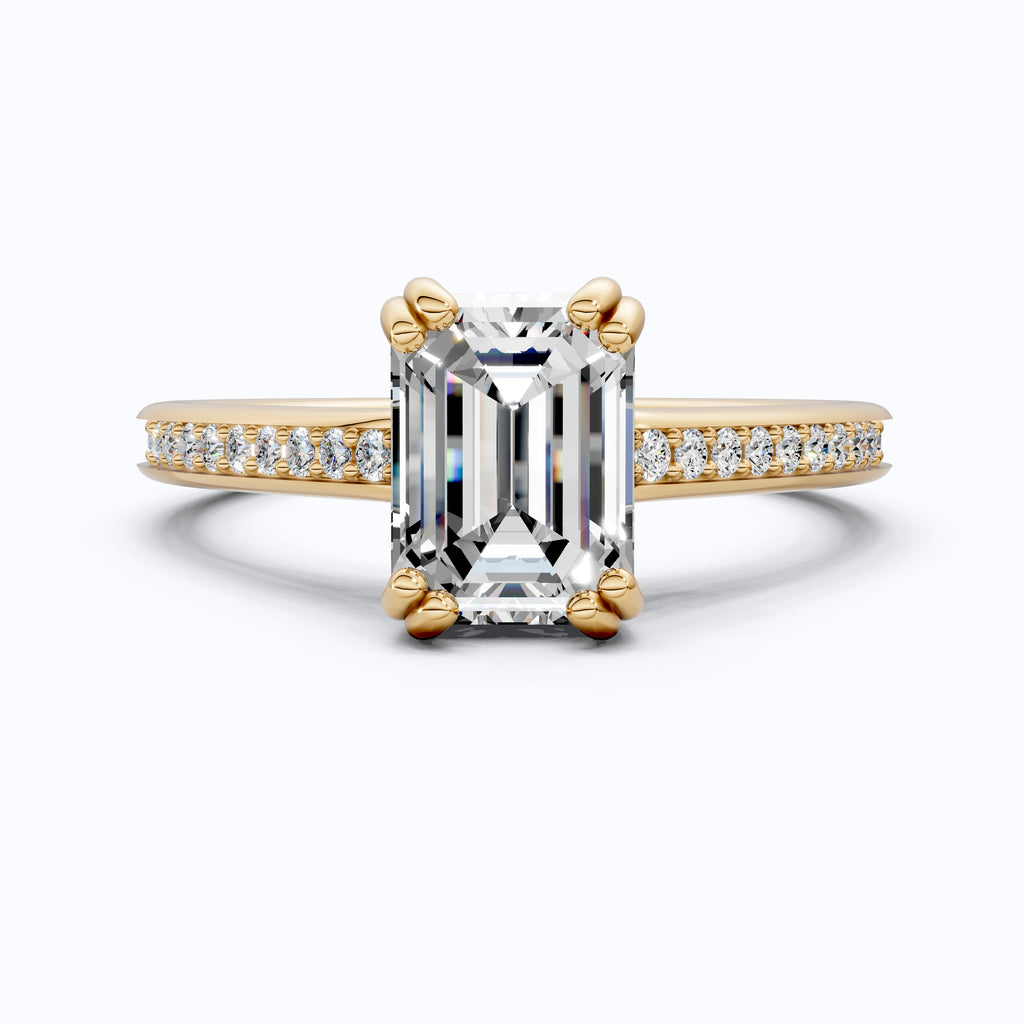 14K Yellow Gold Emerald Cut Lab Diamond Pave Engagement Ring, Handmade Wedding Ring, Trending Bridal Jewelry for Wife