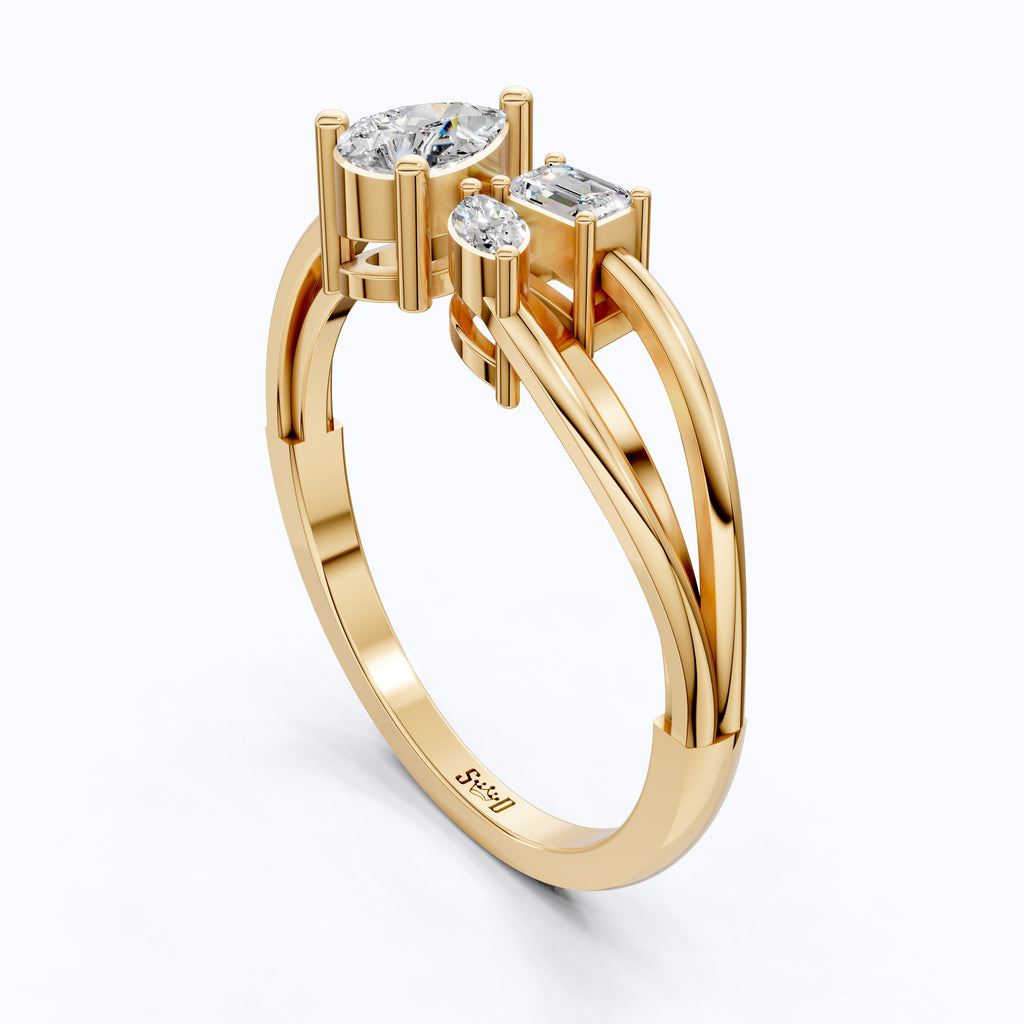 Sculpted Split Shank Three Stone Engagement Ring in 14K Solid Gold, 0.30 CT Pear Cut Lab Created Diamond, Gift for Her