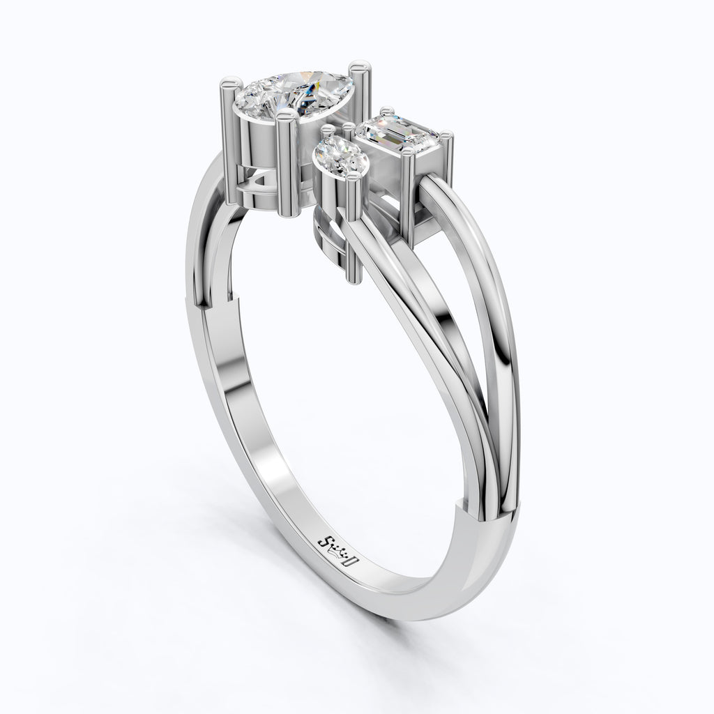 Sculpted Split Shank Three Stone Engagement Ring in 14K Solid Gold, 0.30 CT Pear Cut Lab Created Diamond, Gift for Her