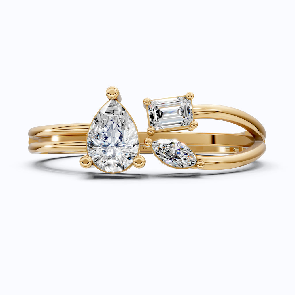 Sculpted Split Shank Three Stone Engagement Ring in 14K Solid Gold, 0.30 CT Pear Cut Lab Created Diamond, Gift for Her