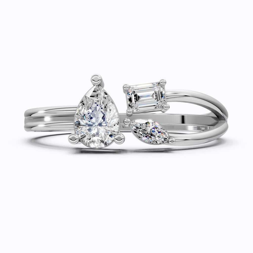 Sculpted Split Shank Three Stone Engagement Ring in 14K Solid Gold, 0.30 CT Pear Cut Lab Created Diamond, Gift for Her