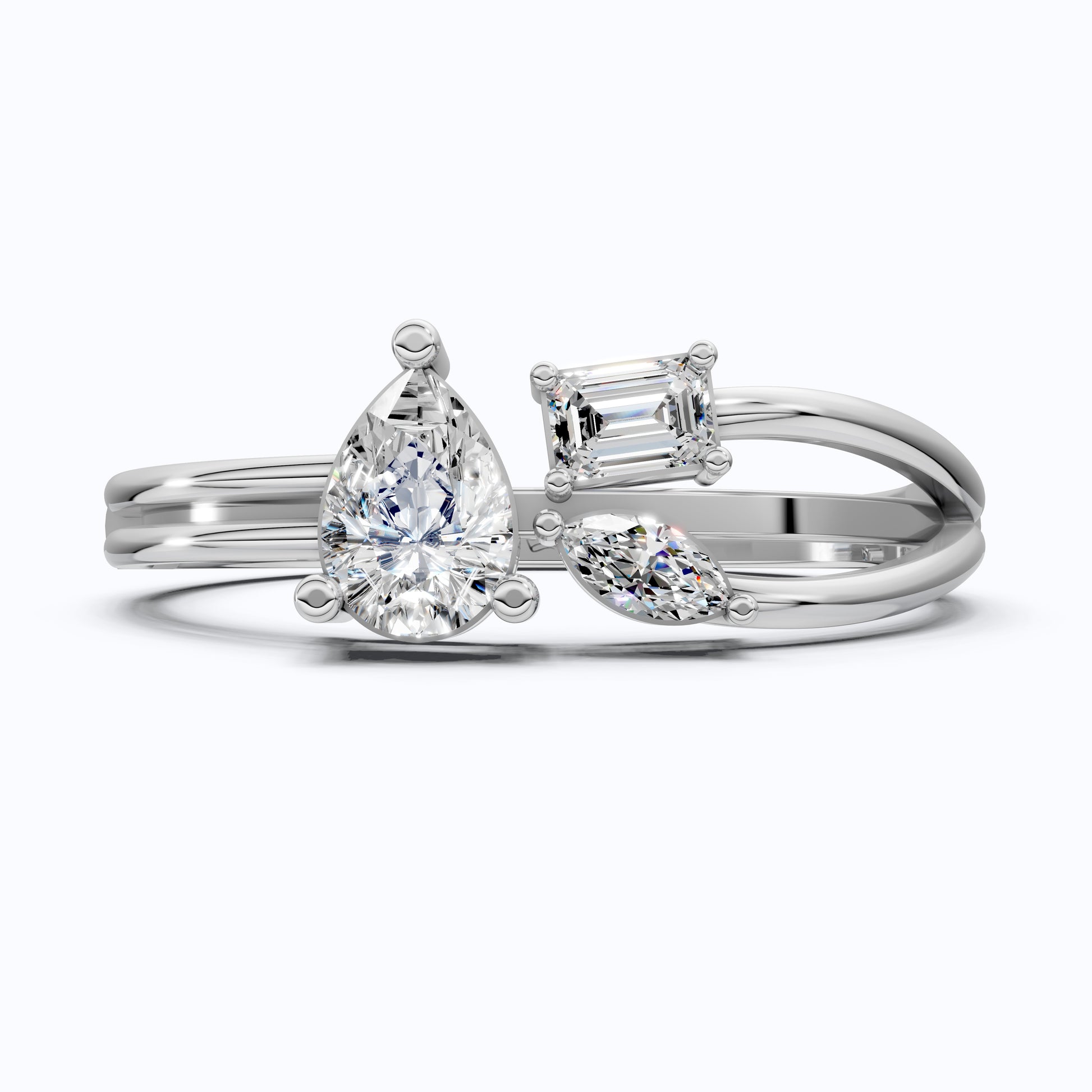 Sculpted Split Shank Three Stone Engagement Ring in 14K Solid Gold, 0.30 CT Pear Cut Lab Created Diamond, Gift for Her