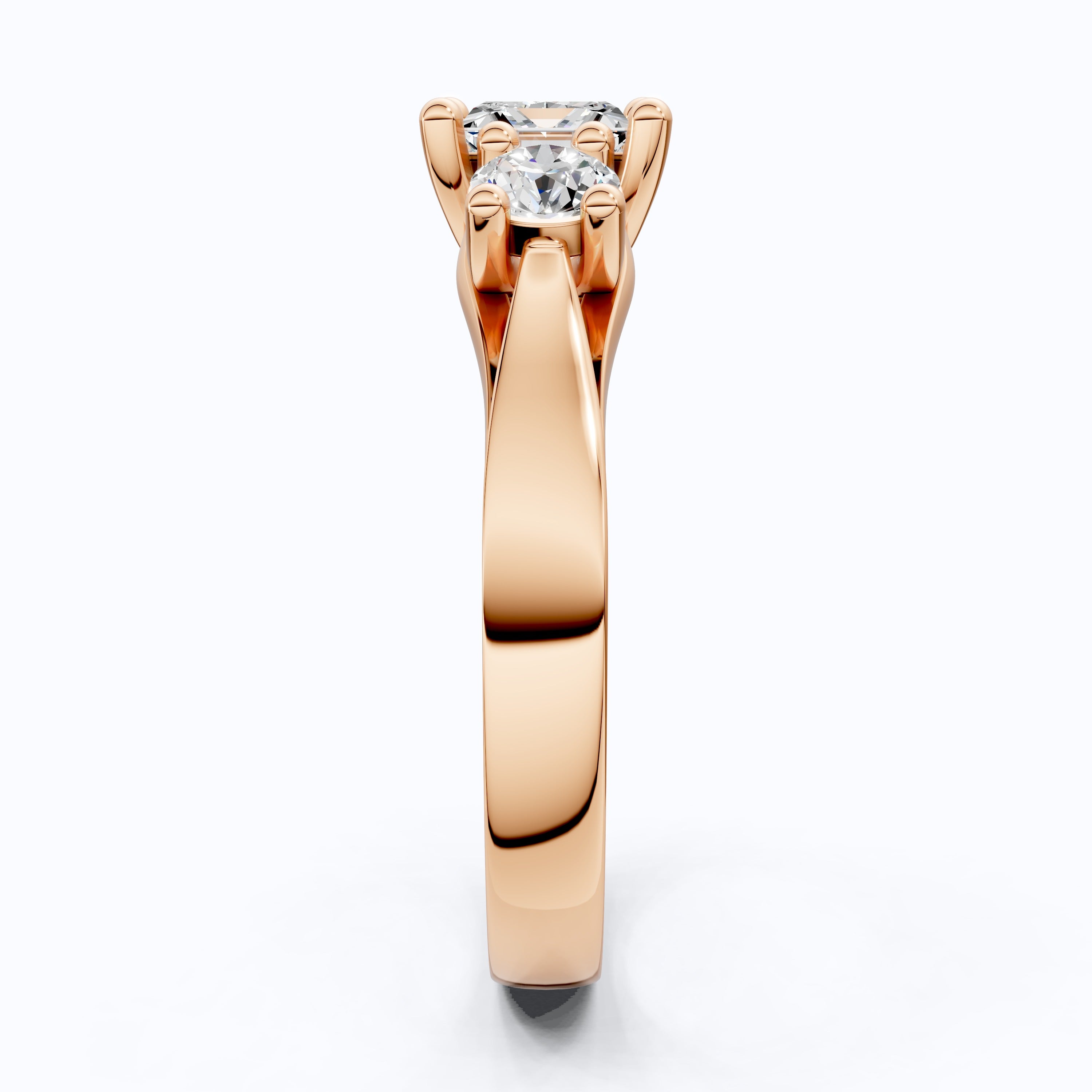 Princess and Round Trio Stone Engagement Ring in 18K Solid Gold, Handmade Jewelry Gift for Wife, Wedding Gift