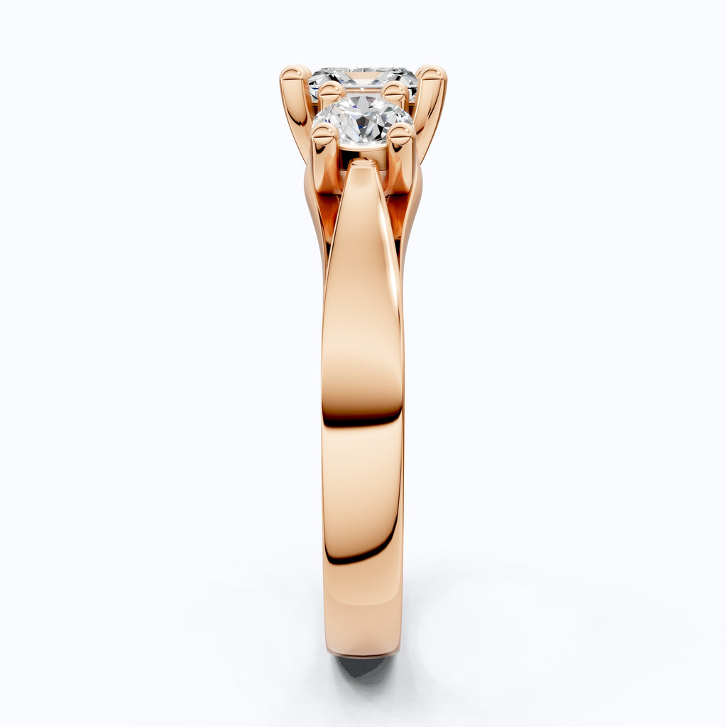 Princess and Round Trio Stone Engagement Ring in 18K Solid Gold, Handmade Jewelry Gift for Wife, Wedding Gift